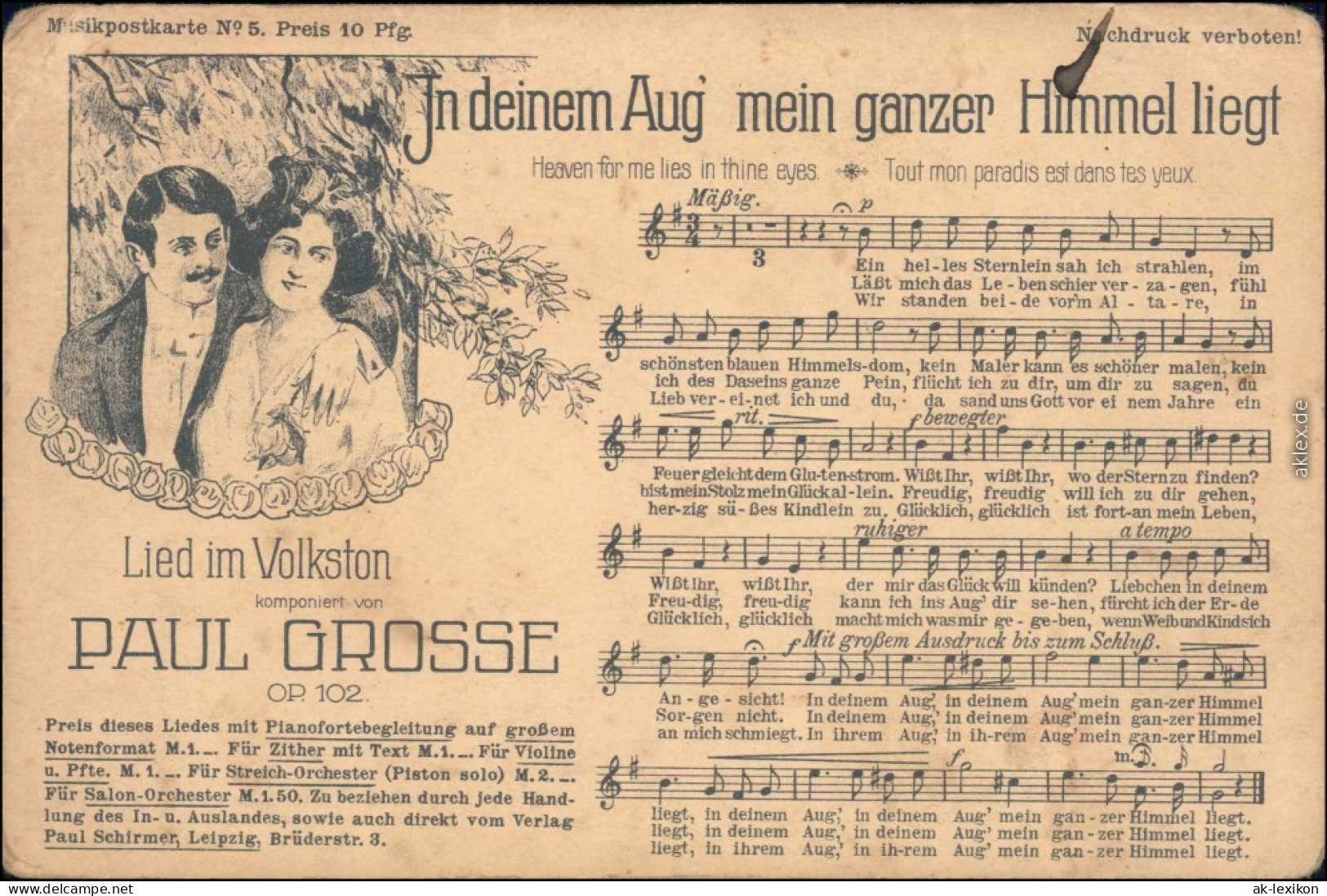 Ansichtskarte  Liedansichtskarten: In Deinem Aug Mein Ganzer Himmel Liegt 1910 - Musica