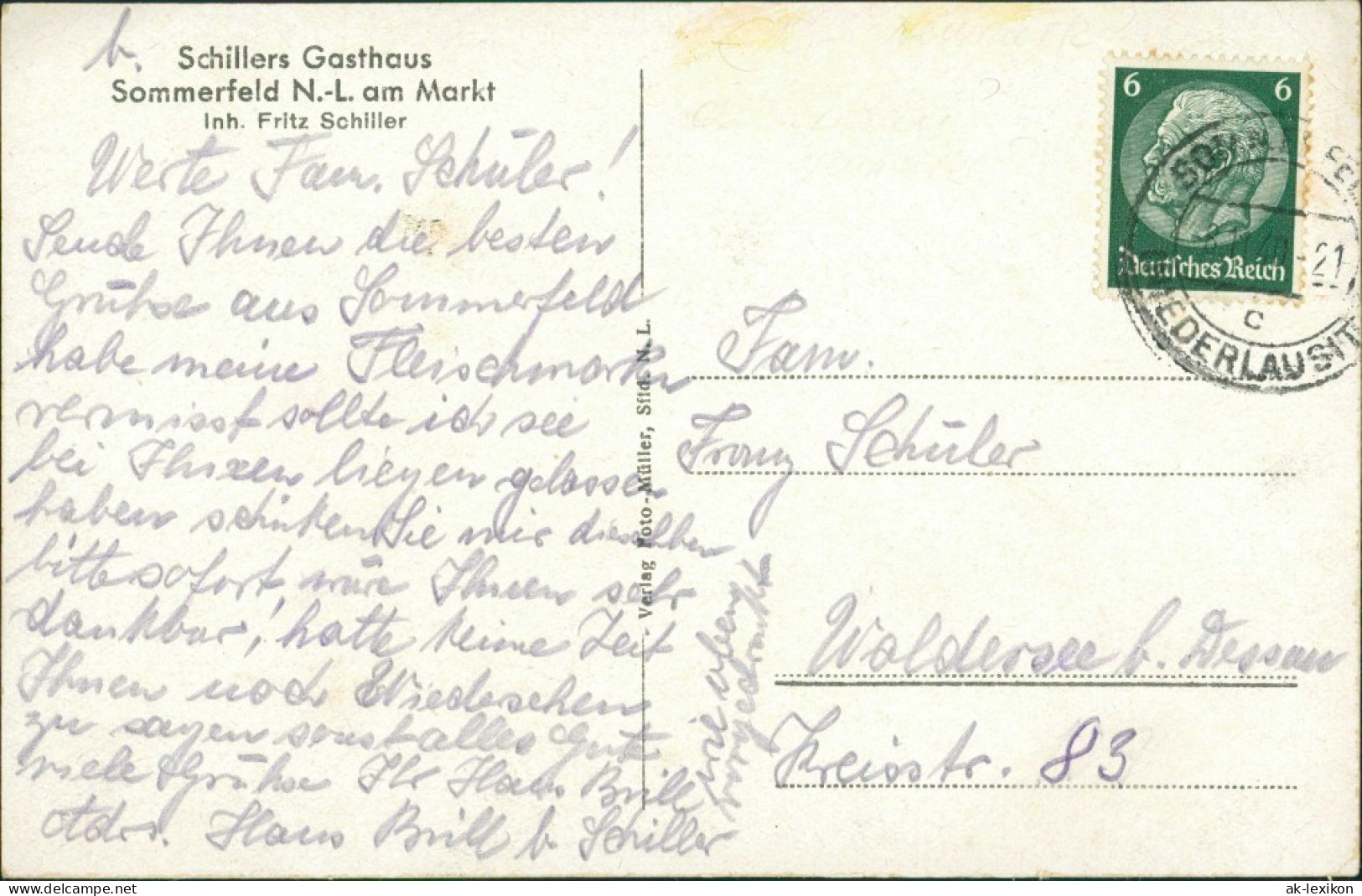 Sommerfeld (Neumark) Lubsko Schillers Gasthaus 2B Gaststube B Srau Zary 1938 - Neumark