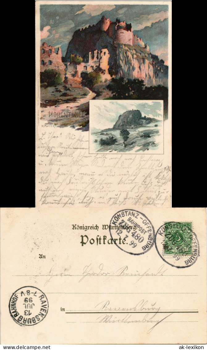Singen Künstlerkarte Hohentwiel Gel. Bahnpost Konstanz - Offenburg 1899 - Singen A. Hohentwiel