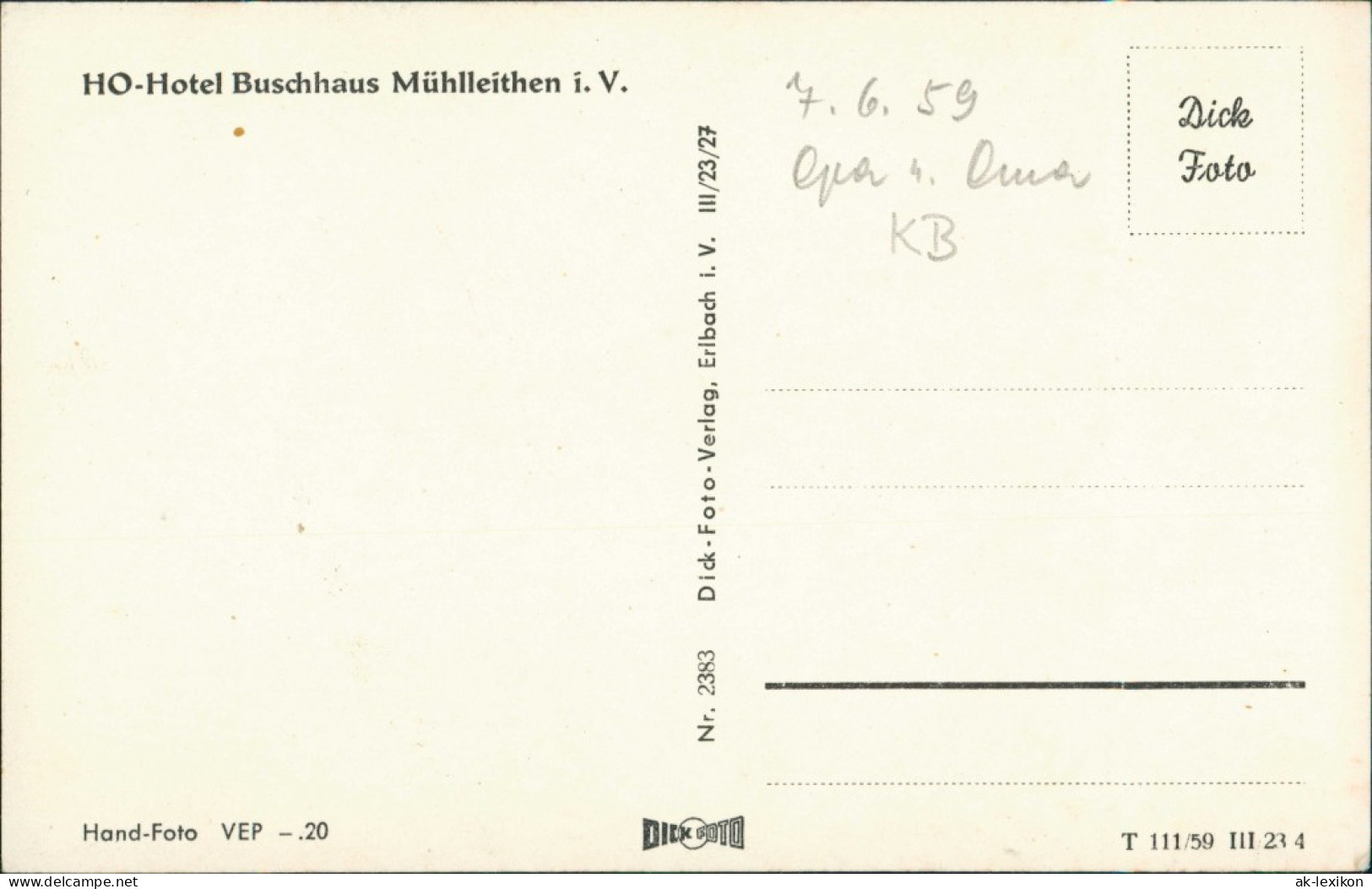 Ansichtskarte Mühlleithen-Klingenthal HO-Hotel "Buschhaus" 1959 - Klingenthal