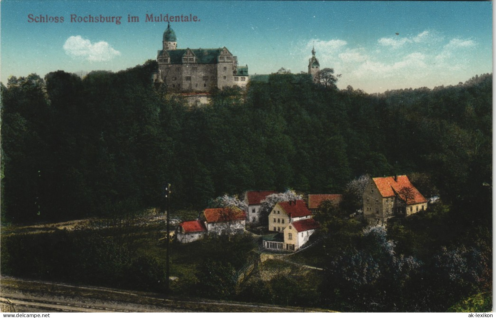 Ansichtskarte Rochsburg-Lunzenau Schloss Rochsburg - Häuser Bahnstrecke 1913 - Lunzenau
