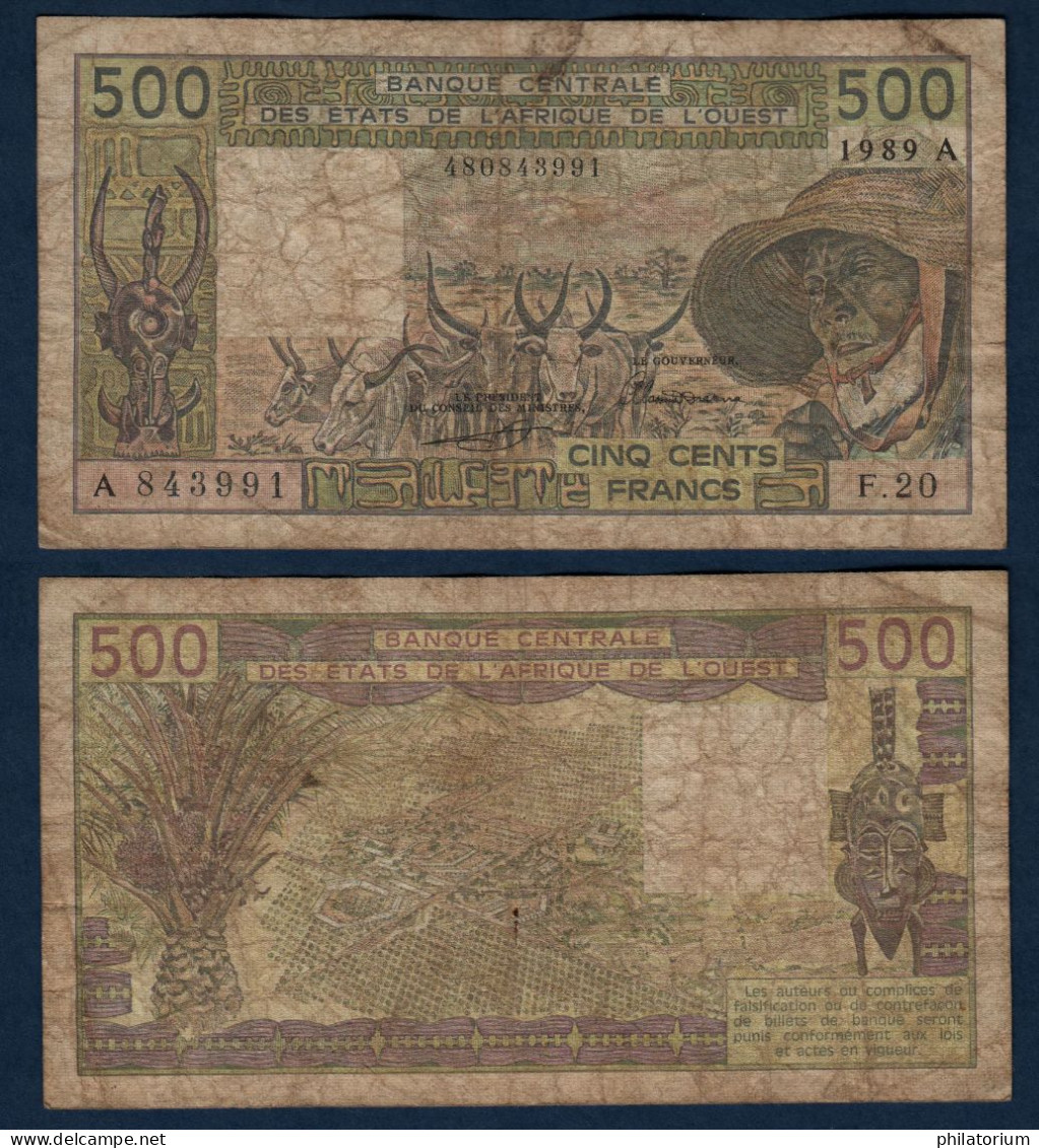 500 Francs CFA, 1989 A, Cote D' Ivoire, F.20, A 843991, Oberthur, P#_06, Banque Centrale États De L'Afrique De L'Ouest - Stati Dell'Africa Occidentale