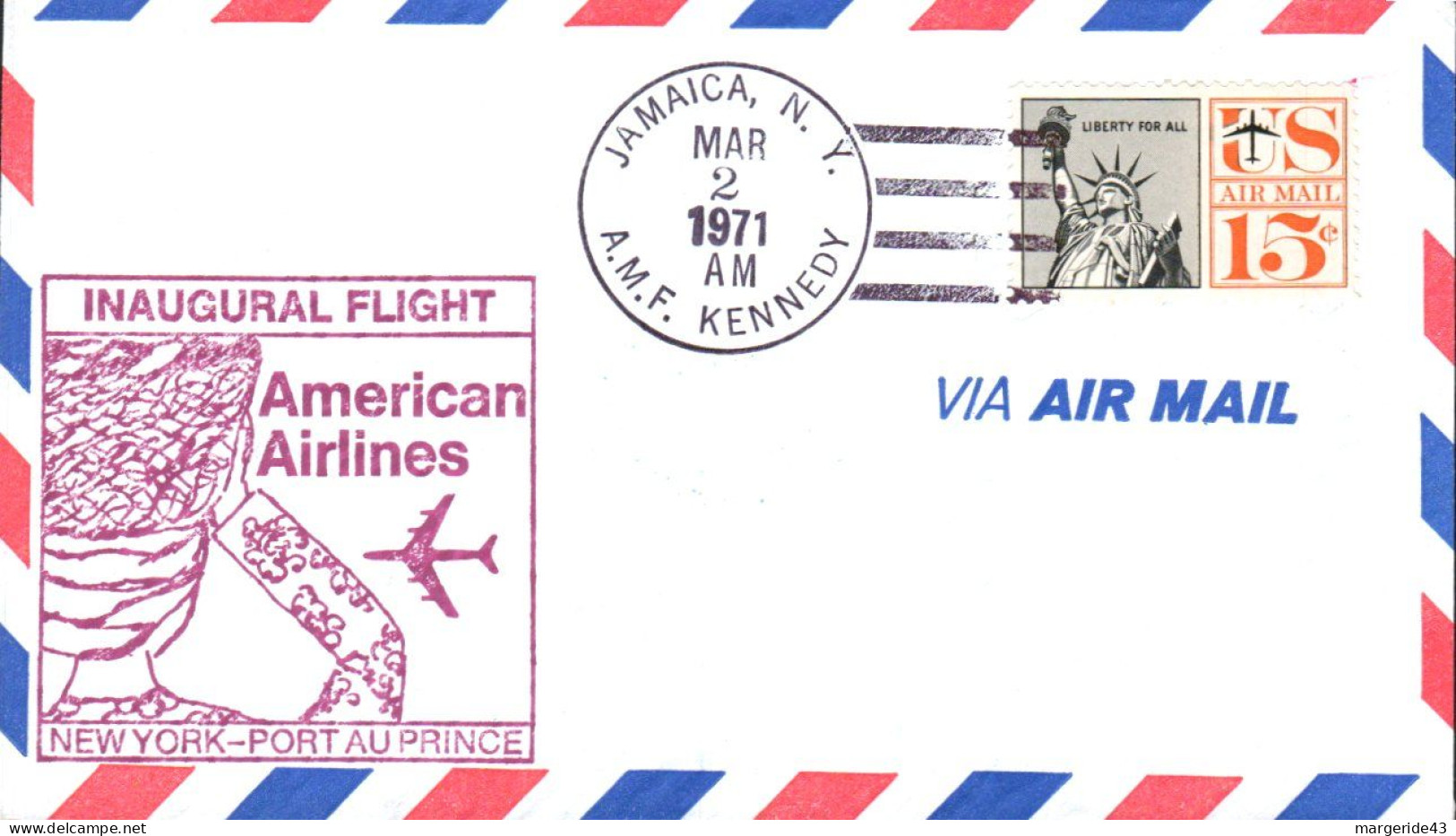 USA ETATS UNIS VOL INAUGURAL AMERICAN AIRLINES 747 NEW YORK-PORT AU PRINCE 1971 - Sobres De Eventos