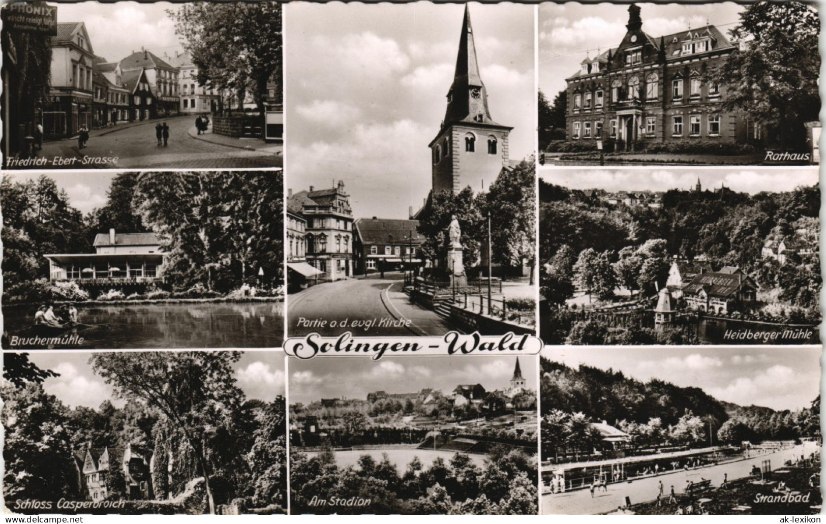 Ansichtskarte Solingen Straße, Schwimmbad, Rathaus 1957 - Solingen