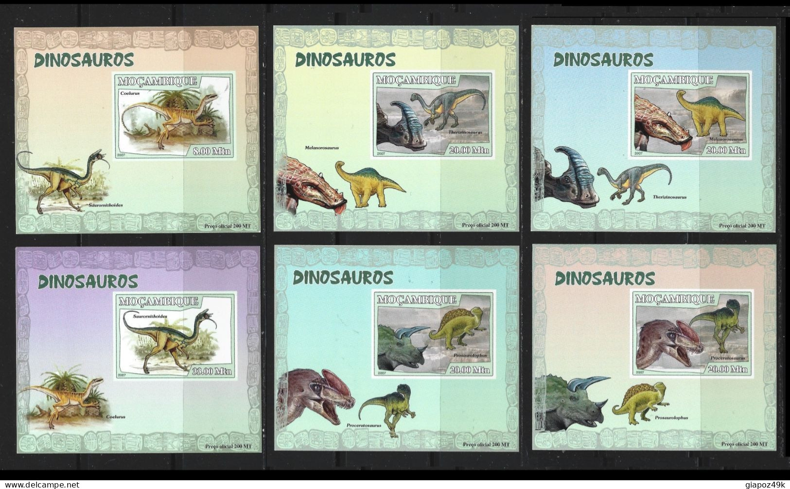 ● MOCAMBIQUE 2007 ֍ DINOSAUROS ֍ NON DENTELLATI ● Dinosauri ● 6 BF ** Su Cartoncino ● Lotto N. XX ️️️● - Mozambique