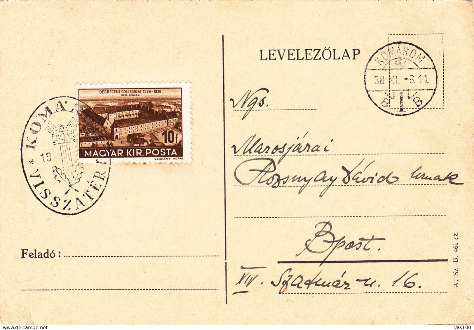 HISTORICAL DOCUMENTS  STANS  POSTA STATIONERY 1938 DEBRECENI COLLEGIUM - Brieven En Documenten