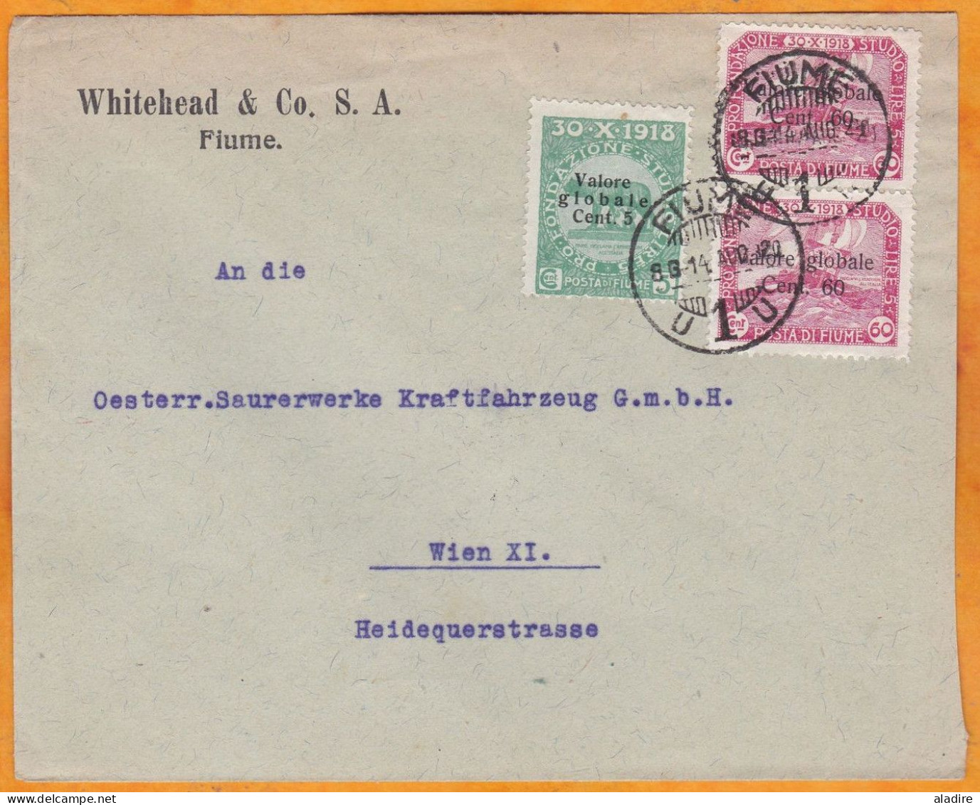 1920 - Enveloppe De FIUME Vers WIEN, Vienne, Austria, Autriche - Affrt Paire 60 + 5 Cent Surch Valore Globale - Fiume