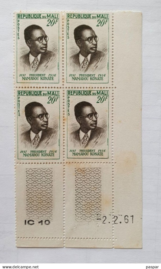 Bloc De 4 Timbres Neufs 20F République Du Mali 1961 Coin Daté 2. 2. 61 - MAMADOU KONATE  - YT ML13 - Malí (1959-...)