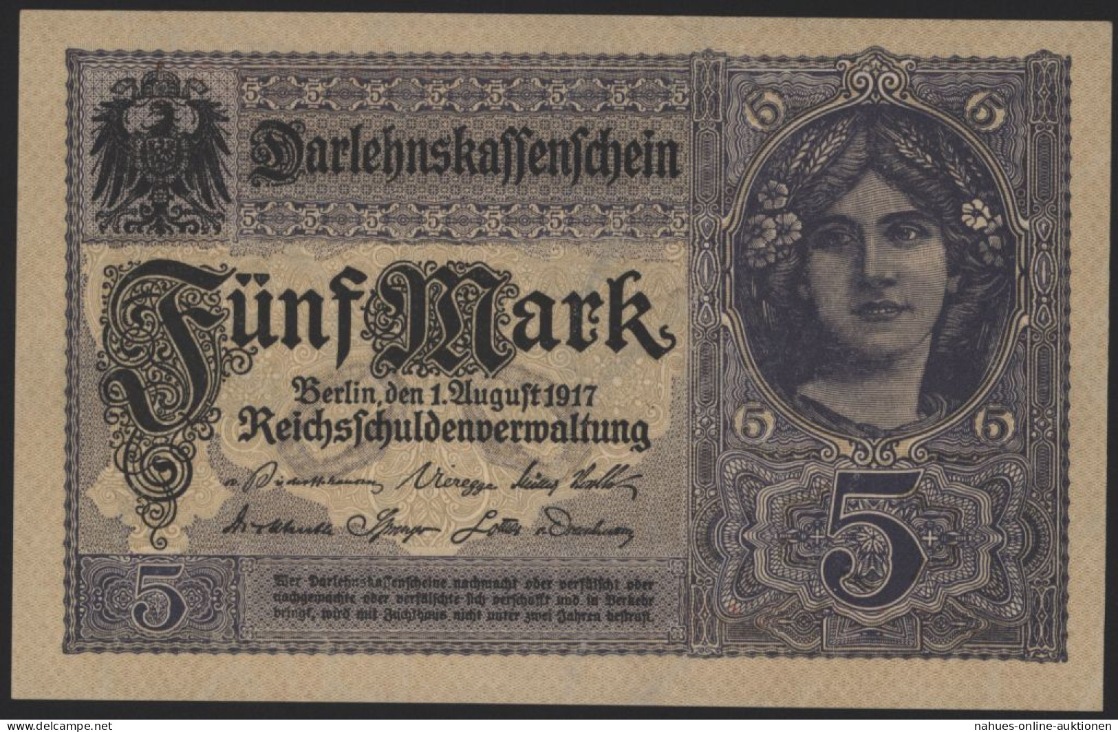 Geldschein Banknote 5 Mark 1917 I. WK Darlehnskassenschein 54 B Mit KN 8stellig - Altri & Non Classificati