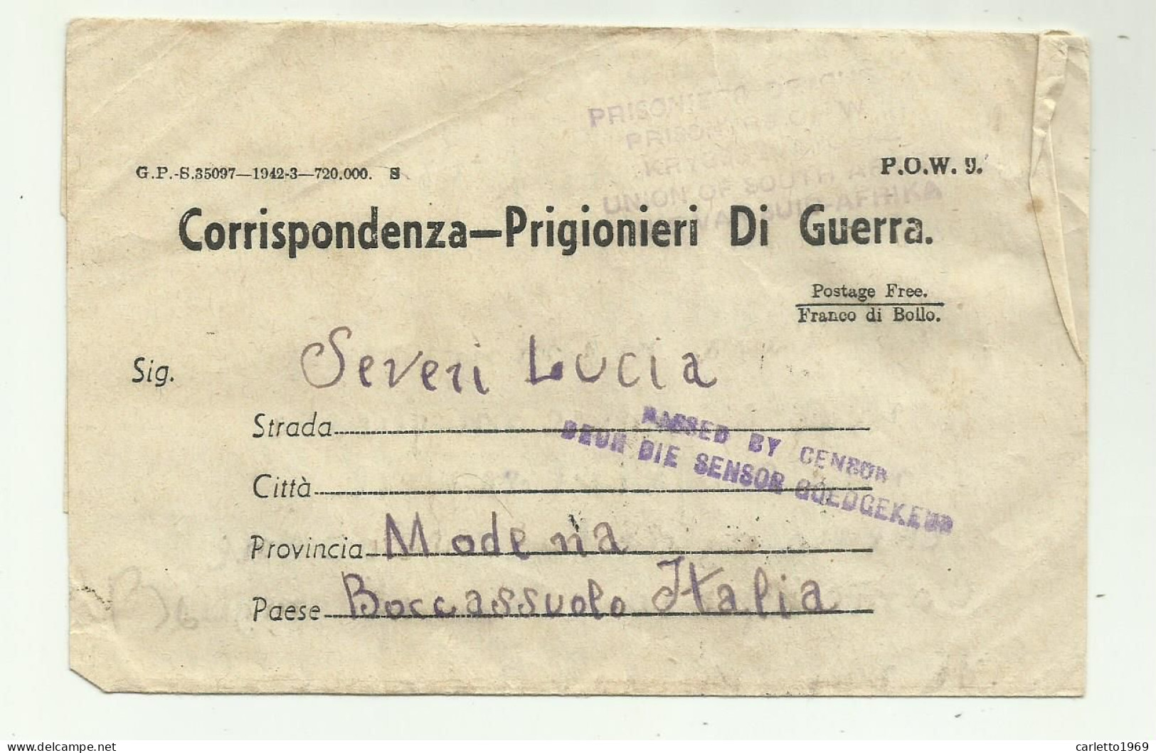 CORRISPONDENZA PRIGIONIERI DI GUERRA - UNION OF SOUTH AFRICA INVIATO A BOCCASSUOLO MODENA 1942 - 1939-45