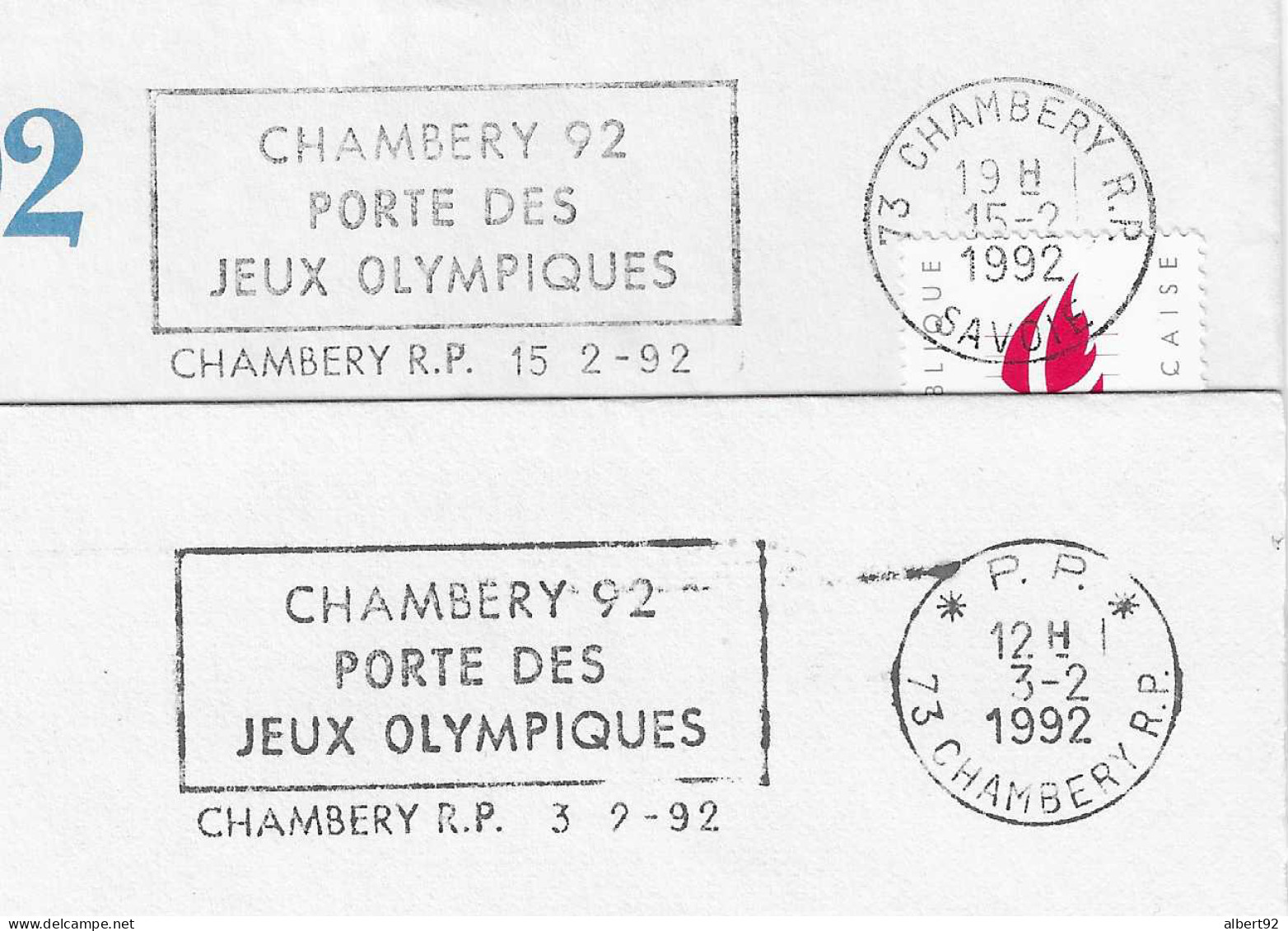 1992 Jeux Olympiques D'Hiver D'Albertville 1992: Flamme-Annonce De Chambéry R.P En 2 Versions (normale + Port Payé) - Winter 1992: Albertville