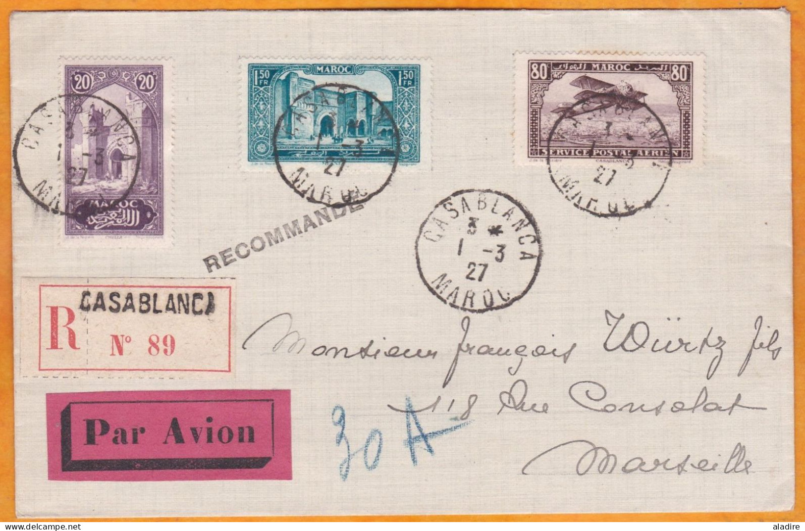 1927 - Enveloppe En Recommandé PAR AVION De Casablanca Vers Marseille - Période Latécoère - Airmail