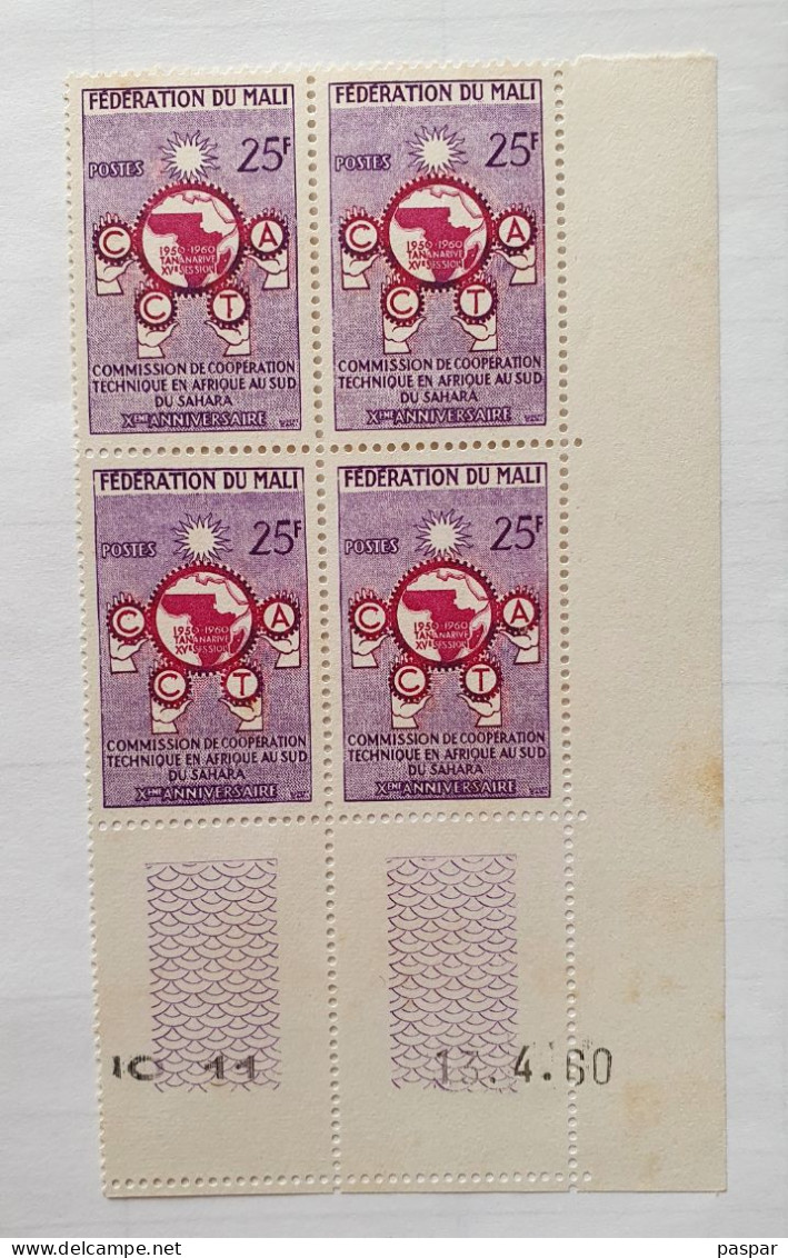 Bloc De 4 Timbres Neufs 25F Fédération Du Mali 1960 Coin Daté 13. 4. 60 - Commission De Coopération Technique - YT ML9 - Malí (1959-...)