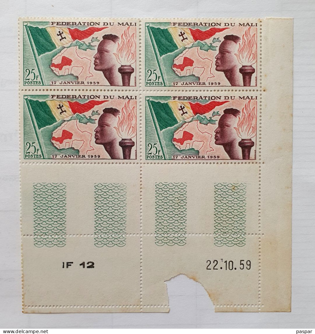 Bloc De 4 Timbres Neufs 25F Fédération Du Mali 1959 Coin Daté 22. 10. 59 Etablissement De La Fédération Du Mali - YT ML1 - Malí (1959-...)