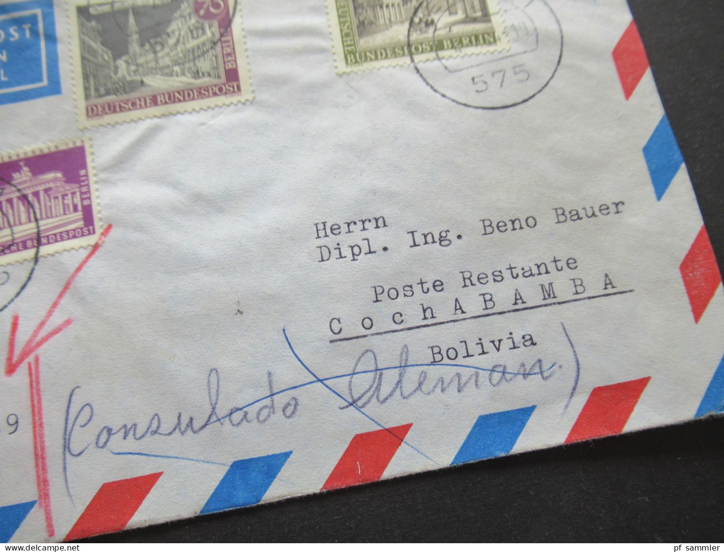 Berlin (West) 1962 Alt Berlin MiF Mit Luftpost Retour Beleg Menden - Cochabamba Bolivia Poste Restante Consulado Aleman - Briefe U. Dokumente