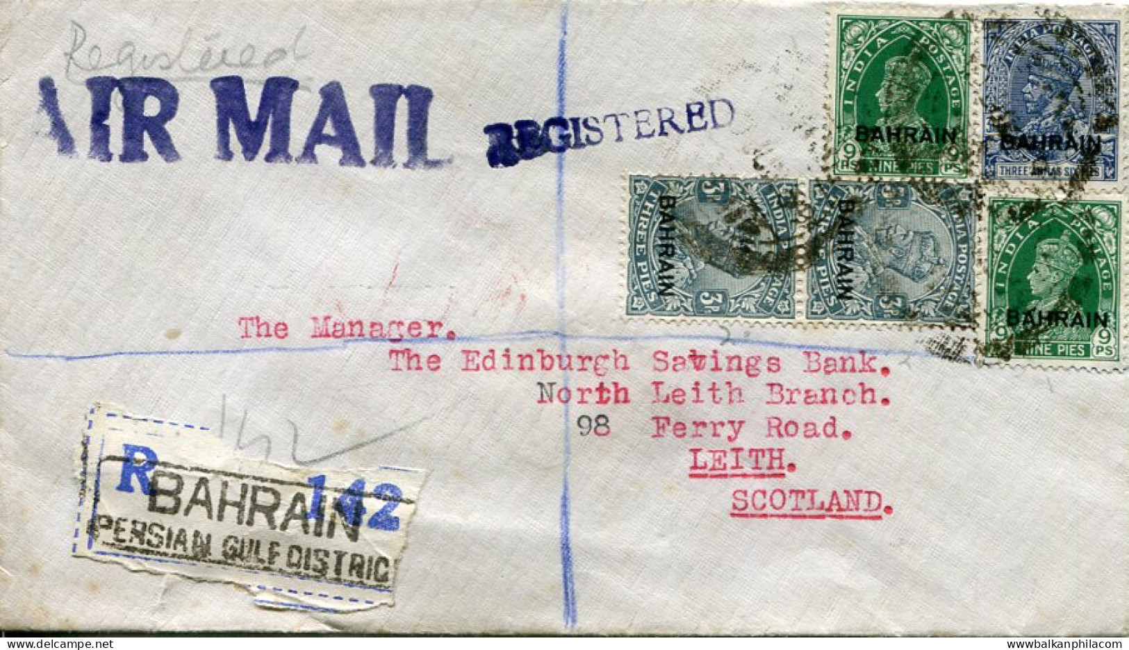 1939 Bahrain Persian Gulf Registered To Scotland - Bahrain (...-1965)