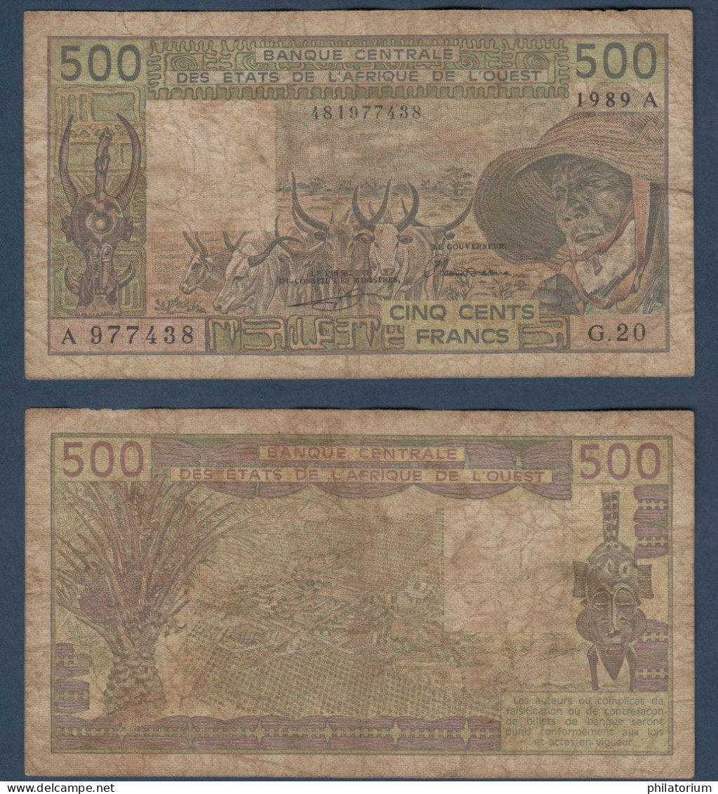 500 Francs CFA, 1989 A, Cote D' Ivoire, G.20, A 977438, Oberthur, P#_06, Banque Centrale États De L'Afrique De L'Ouest - West-Afrikaanse Staten