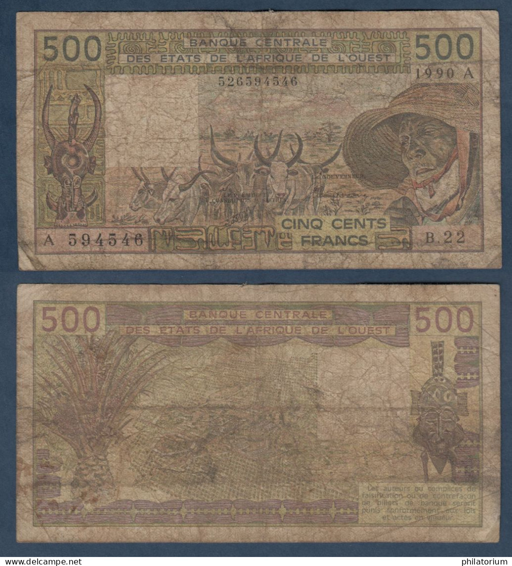 500 Francs CFA, 1989 A, Cote D' Ivoire, B.22, A 594546, Oberthur, P#_06, Banque Centrale États De L'Afrique De L'Ouest - Westafrikanischer Staaten