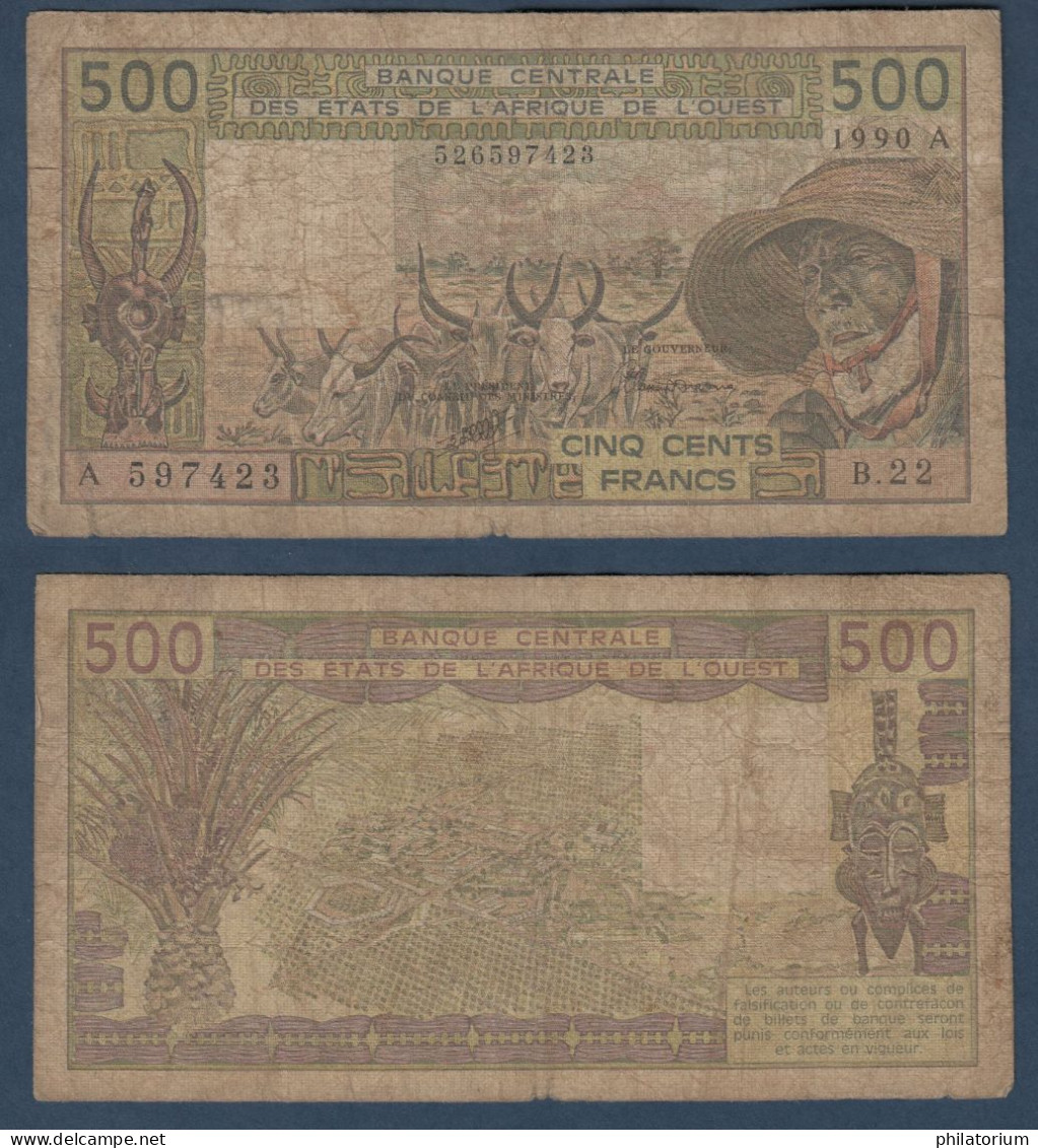 500 Francs CFA, 1989 A, Cote D' Ivoire, B.22, A 597423, Oberthur, P#_06, Banque Centrale États De L'Afrique De L'Ouest - West-Afrikaanse Staten