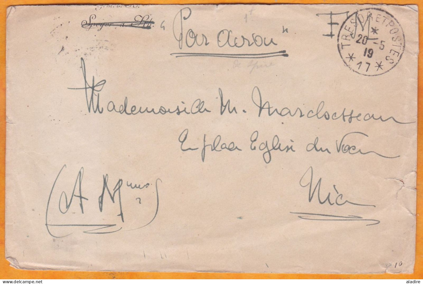 1919 - Enveloppe En Franchise Militaire PAR AVION Militaire Précurseur Du Secteur Postal 17 Vers NICE, Alpes Maritimes - Other & Unclassified