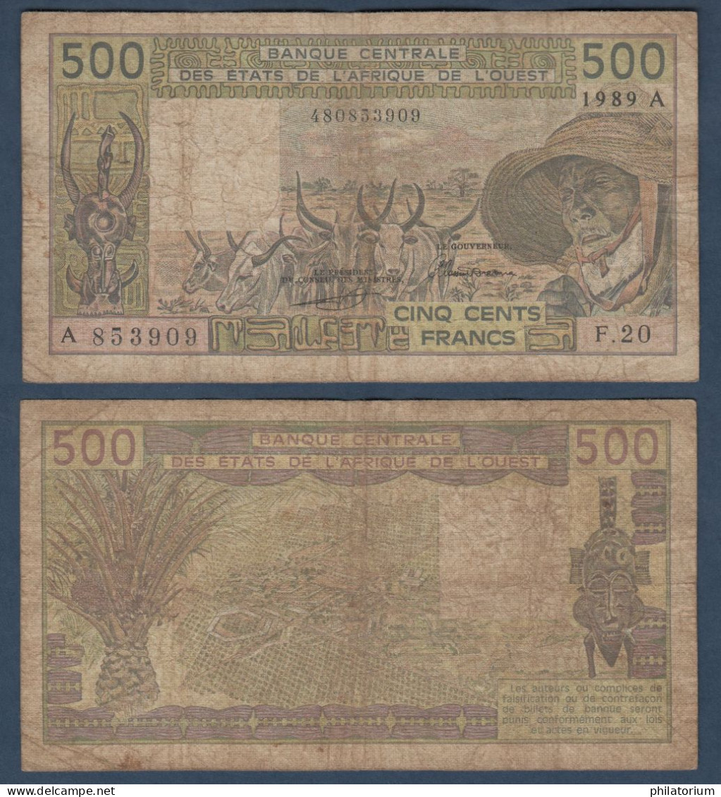 500 Francs CFA, 1989 A, Cote D' Ivoire, F.20, A 853909, Oberthur, P#_06, Banque Centrale États De L'Afrique De L'Ouest - West African States