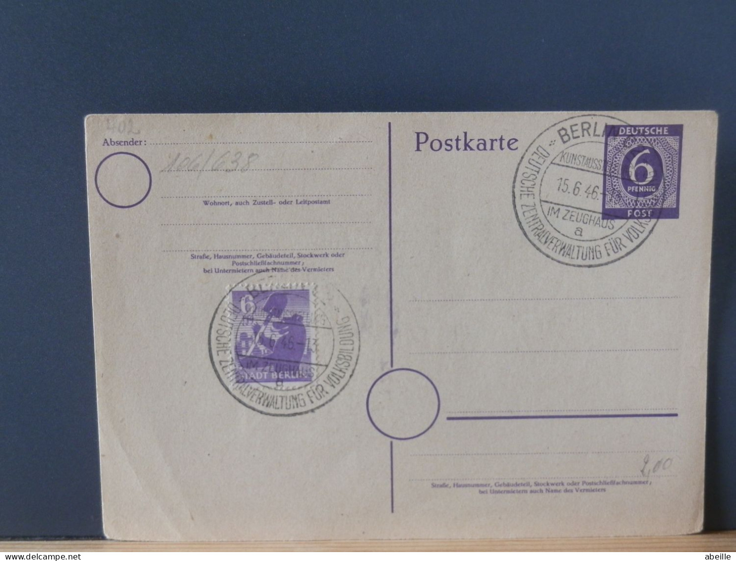 106/638    PC   GERMANY  1946     STAMPS ALLIIERTE BESETZUNG + BERLIN  VERSO BLANCO - Postwaardestukken