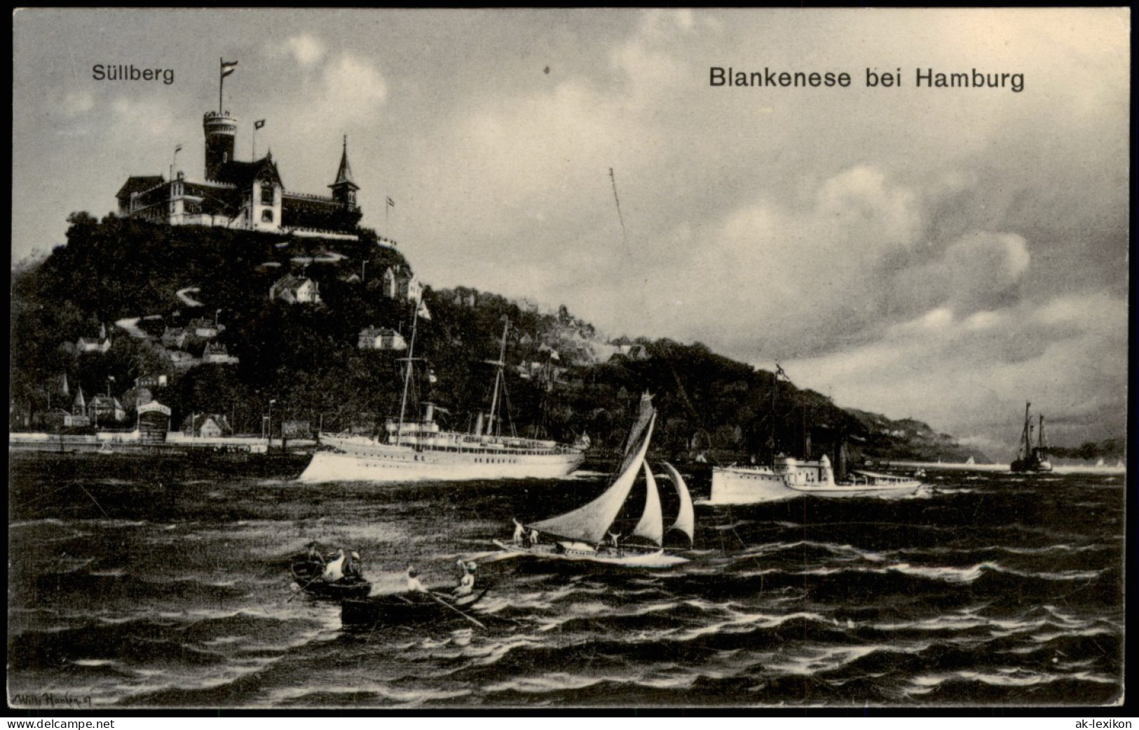 Blankenese-Hamburg Süllberg, Dampfer, Kriegsschiff - Wolkenstimmungsbild 1908 - Blankenese