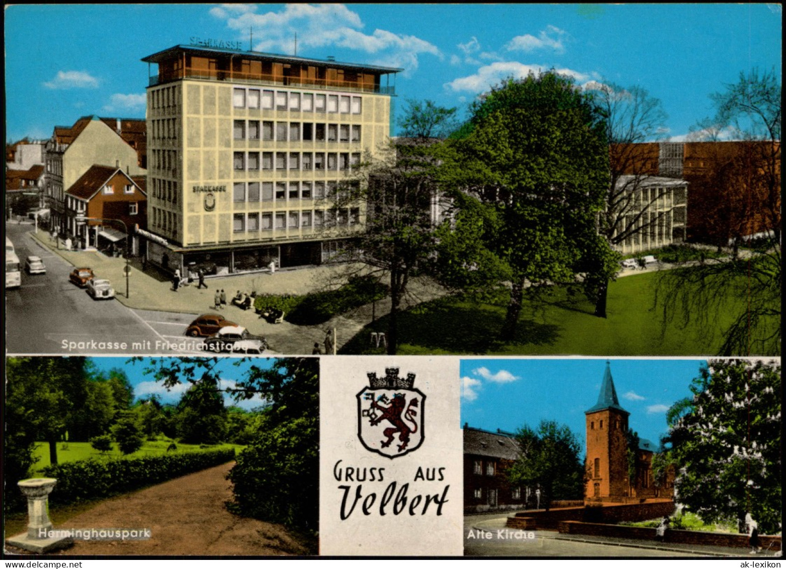 Ansichtskarte Velbert Sparkasse U. Friedrichstraße, Alte Kirche 1975 - Velbert