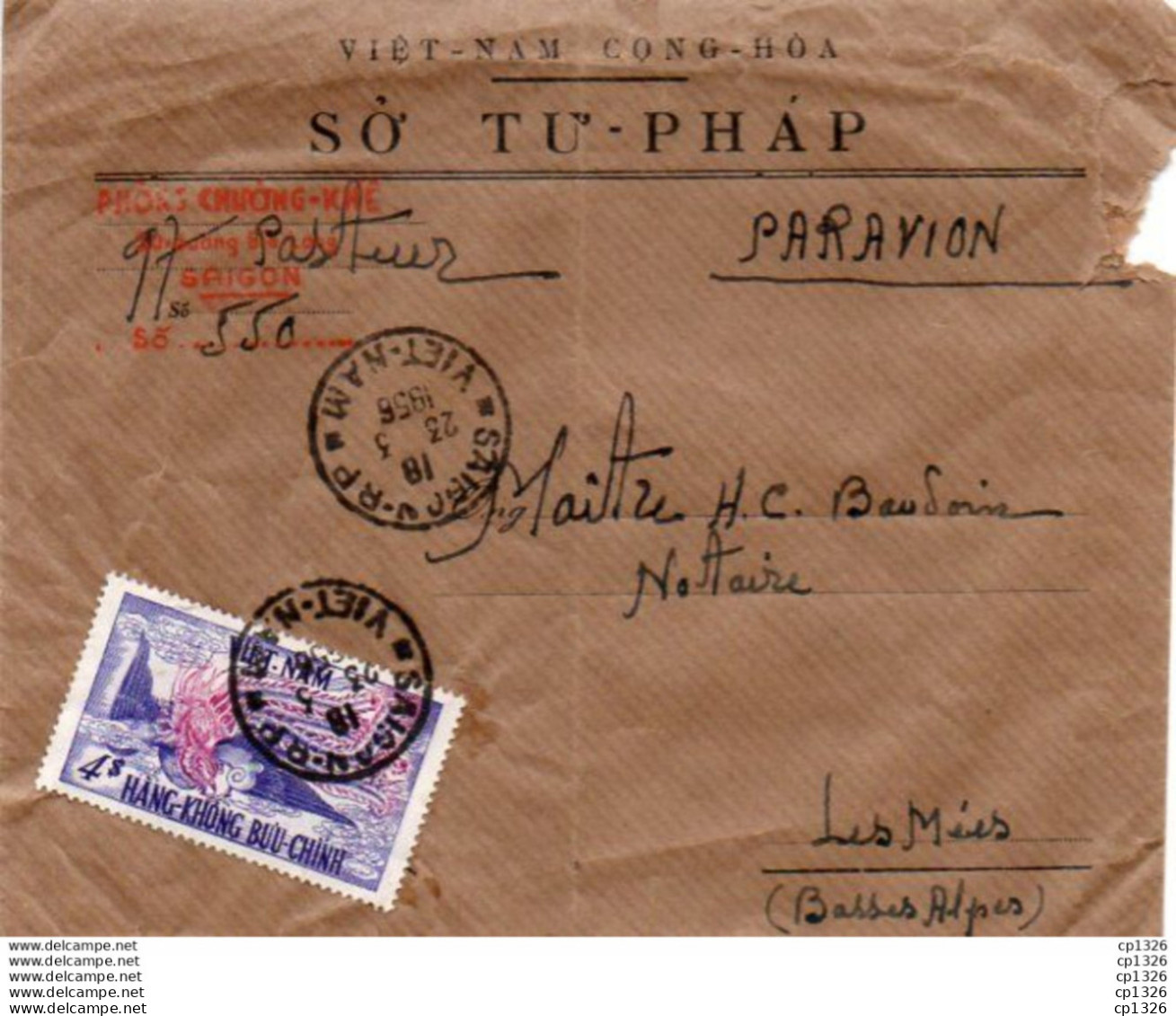 2V8Bs  Courrier Lettre Vietnam Cong Hoa SO TU PHAP Par Avion Saigon 1956 à Les Mées (04) - Sonstige & Ohne Zuordnung