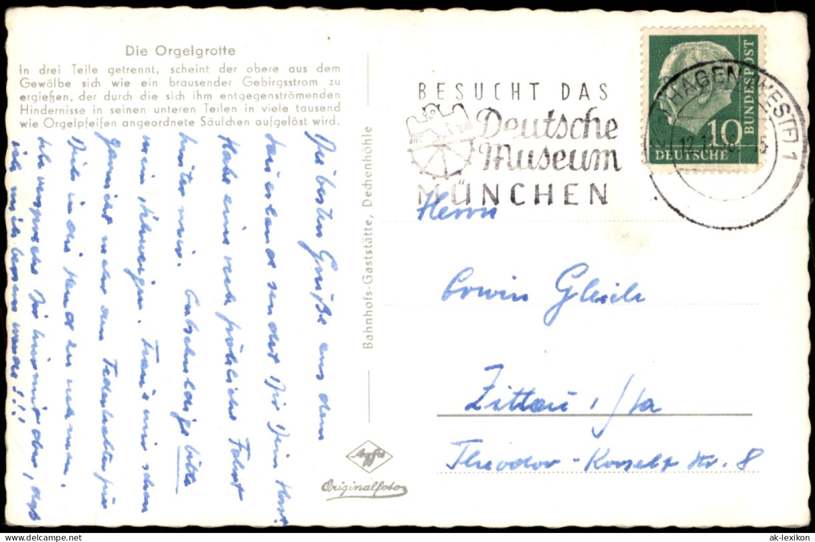 Ansichtskarte Grüne-Iserlohn Dechenhöhle Orgelgrotte - Fotokarte 1956 - Iserlohn