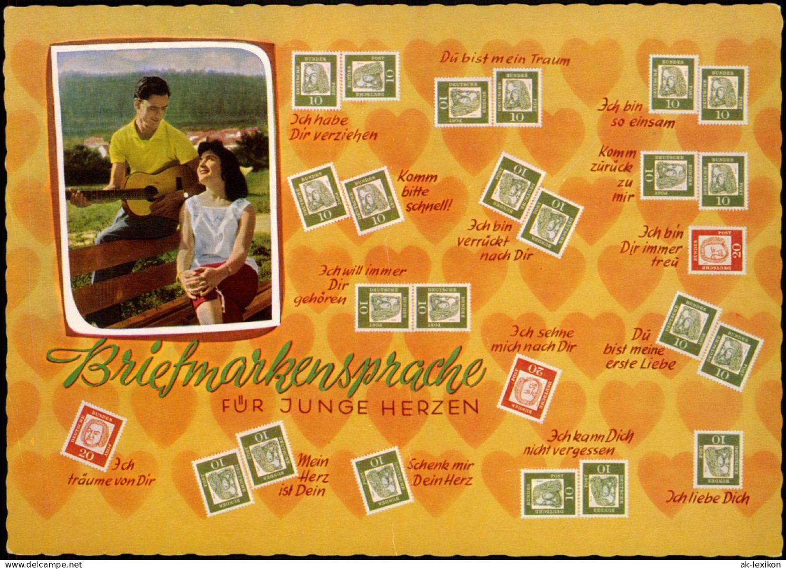 Ansichtskarte  Briefmarken-Ansichtskarte Liebe Briefmarken-Sprache 1968 - Francobolli (rappresentazioni)