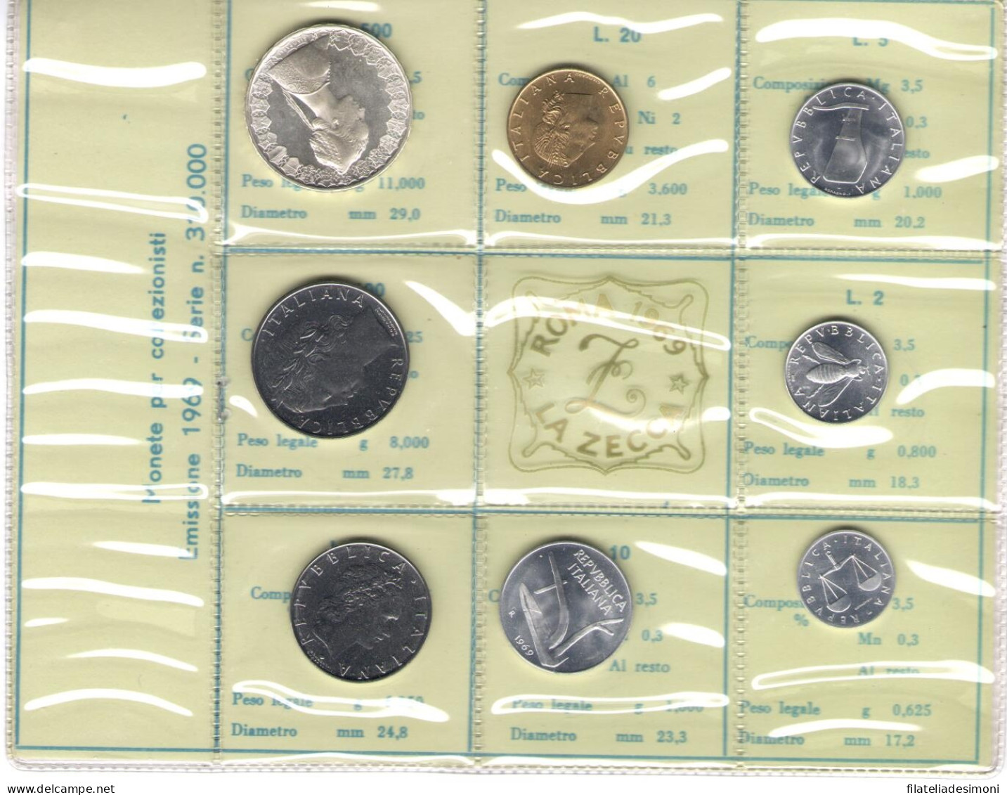 1969 Italia, Repubblica Italiana, Monetazione Divisionale, Annata Completa In Confezione Originale Della Zecca, FDC - Mint Sets & Proof Sets
