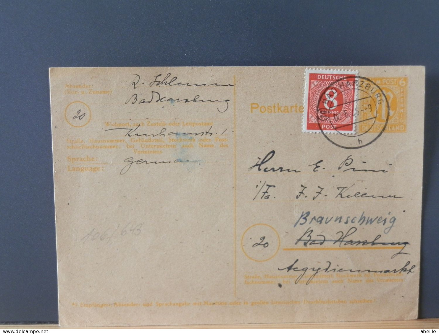 106/643    PC   GERMANY  1948     STAMPS MIXTE ALLIIERTE BESETZUNG/BIZONE - Postal  Stationery