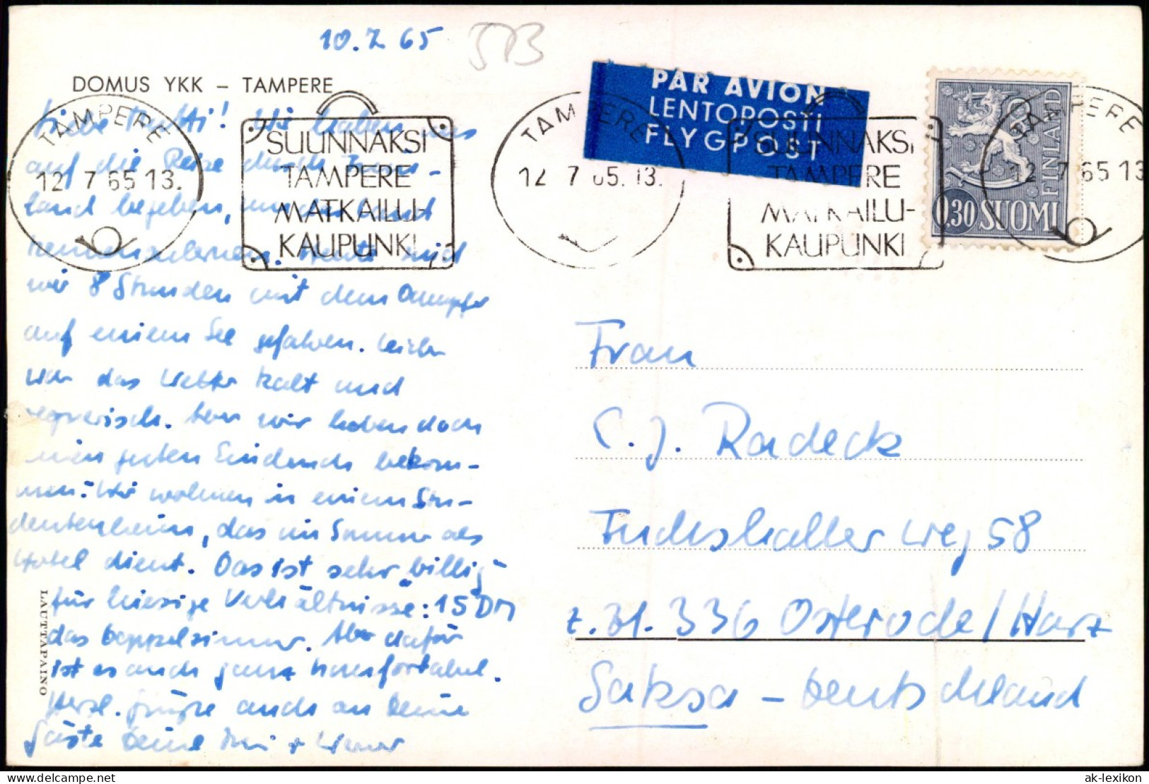 Postcard Tampere DOMUS YKK 1965  Gel. Flygpost Airmail - Finnland