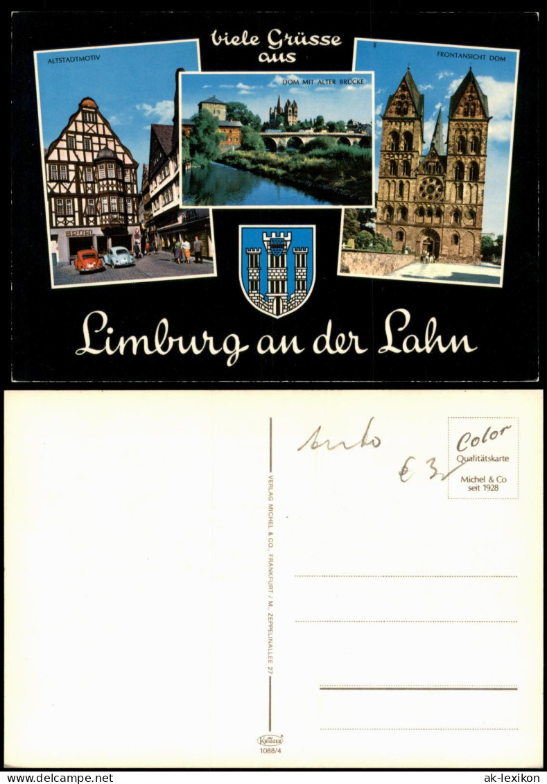 Limburg (Lahn) Mehrbildkarte 3 Ortsansichten, Wappen, Dom, VW Käfer 1975 - Limburg