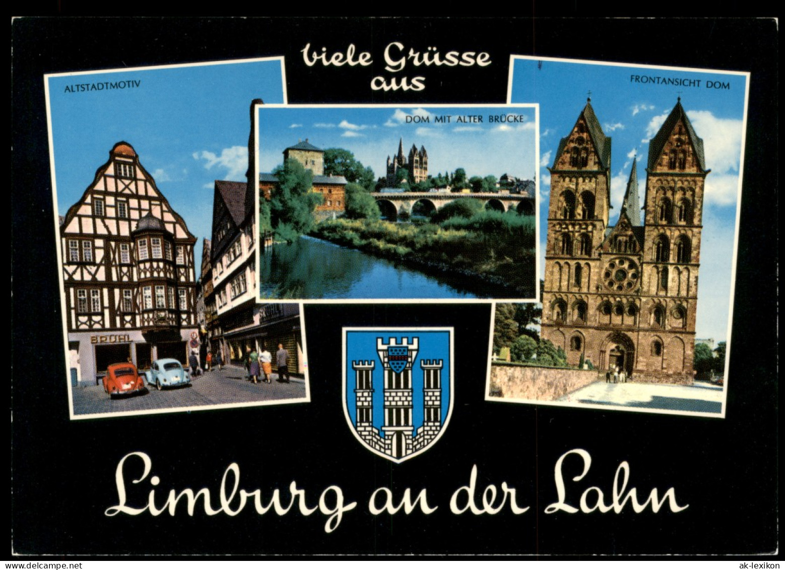 Limburg (Lahn) Mehrbildkarte 3 Ortsansichten, Wappen, Dom, VW Käfer 1975 - Limburg
