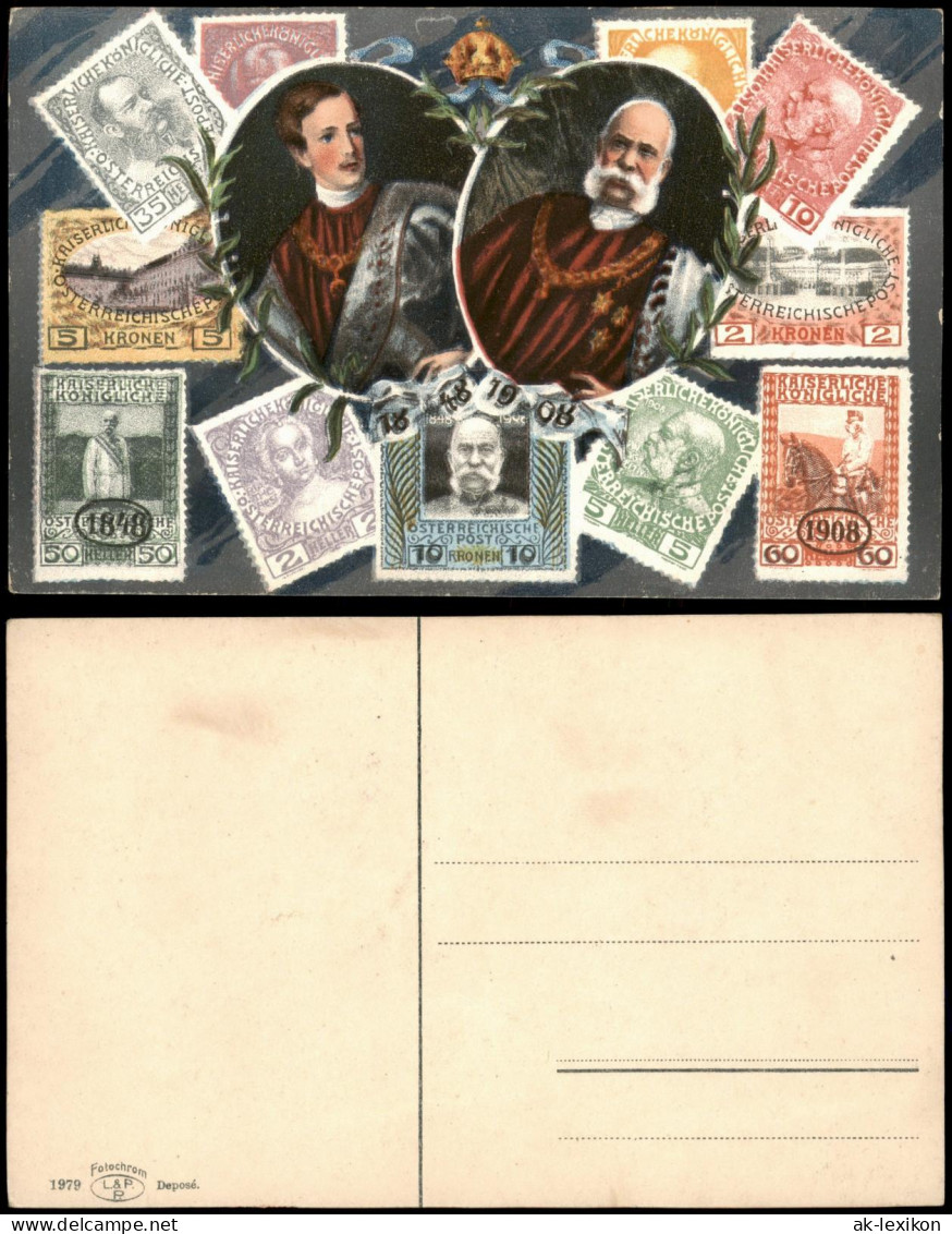 Ansichtskarte  Briefmarken-Ansichtskarte Österreich Porträts 1908 - Stamps (pictures)