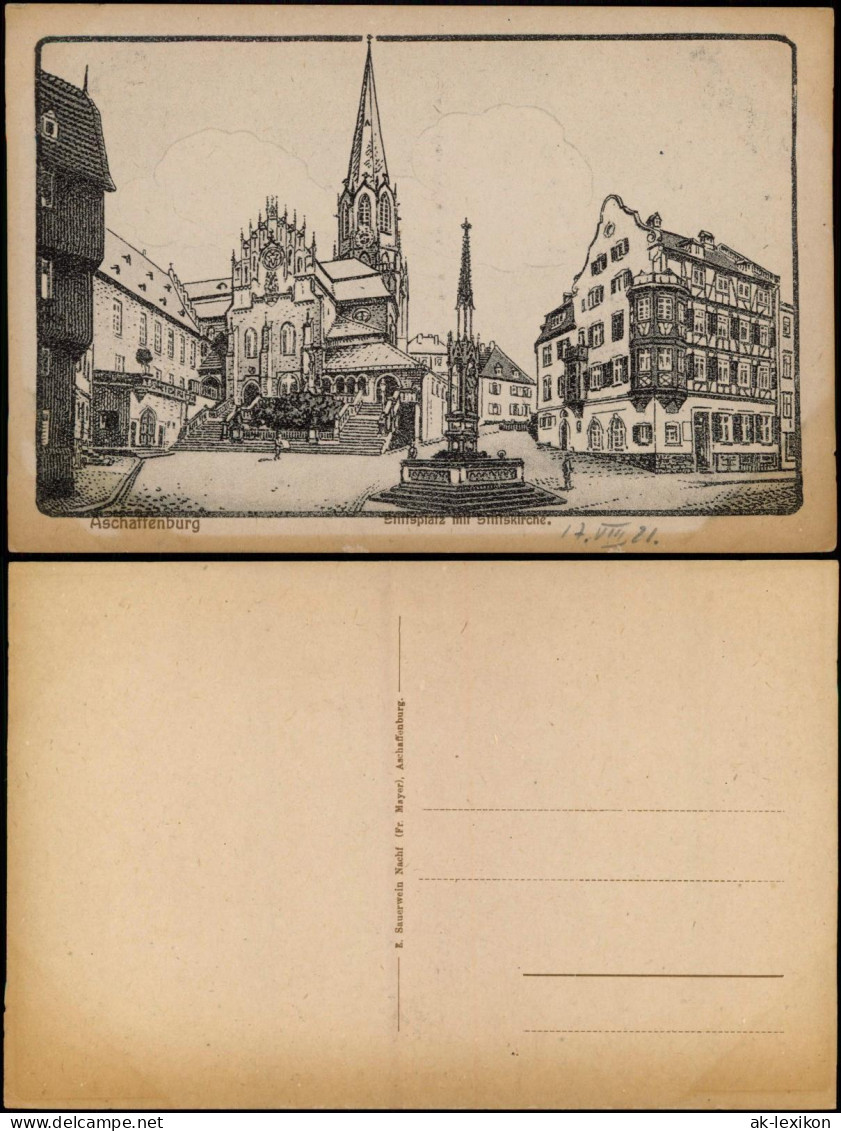 Ansichtskarte Aschaffenburg Stiftsplatz Mit Stiftskirche (Künstlerkarte) 1921 - Aschaffenburg