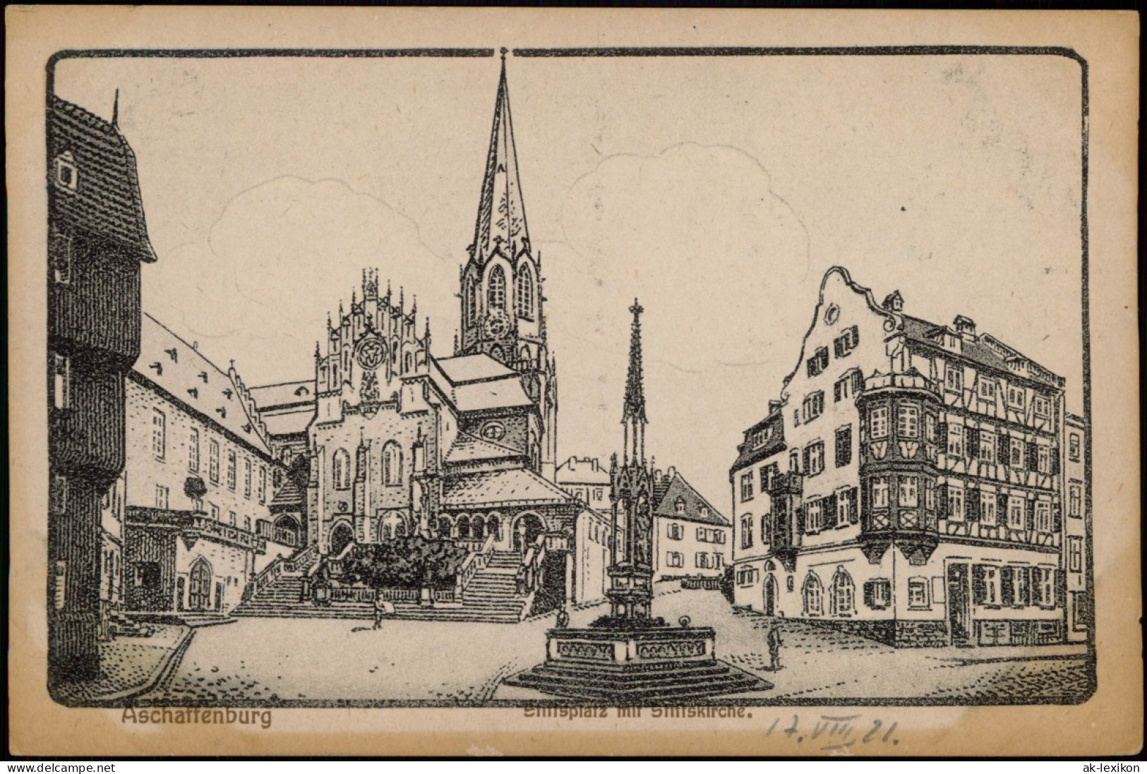 Ansichtskarte Aschaffenburg Stiftsplatz Mit Stiftskirche (Künstlerkarte) 1921 - Aschaffenburg