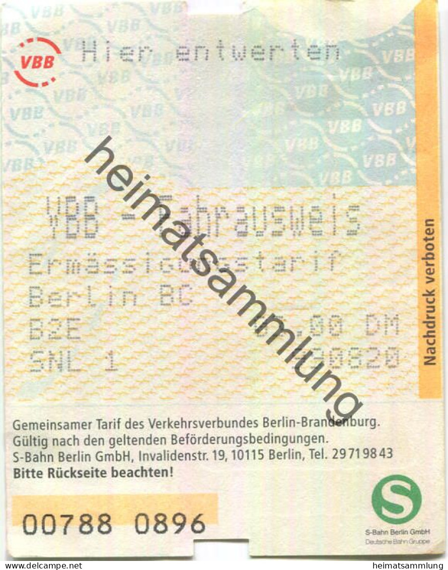 Deutschland - Berlin - VBB Fahrausweis - Ermäßigungstarif - Fahrschein 1999 - Europa