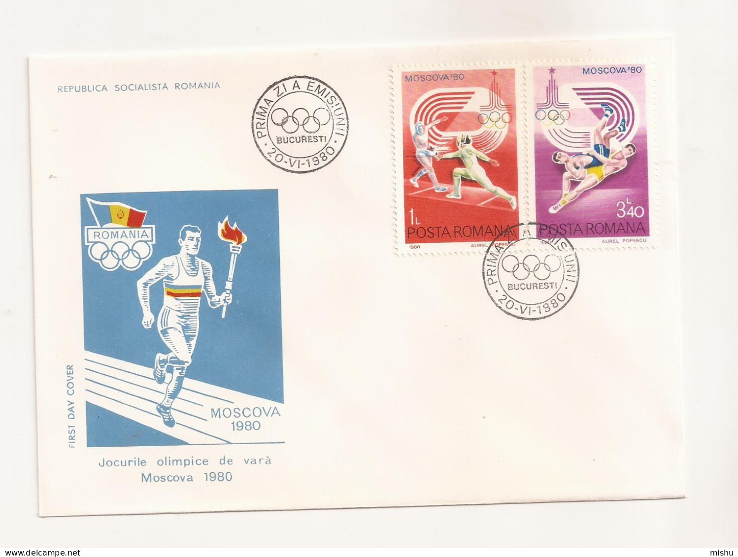 P1 Plic FDC ROMANIA - Prima Zi A Emisiunii -Jocurile Olimpice De Vara Moscova 1980 - Necirculat - First Day Cover - FDC