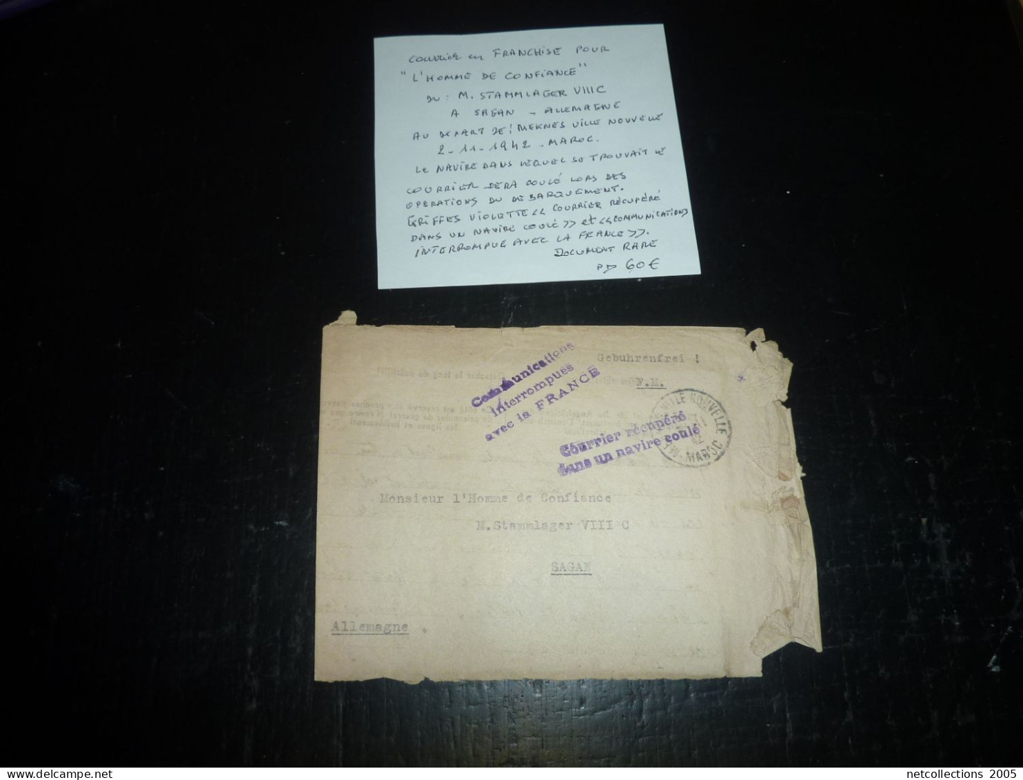 ENVELOPPE AU DEPART DE MEKNES 2-11-1942 - CACHET COURRIER RECUPERE DANS UN NAVIRE COULE -COURRIER EN FRANCHISE...(20/09) - Lettere Accidentate