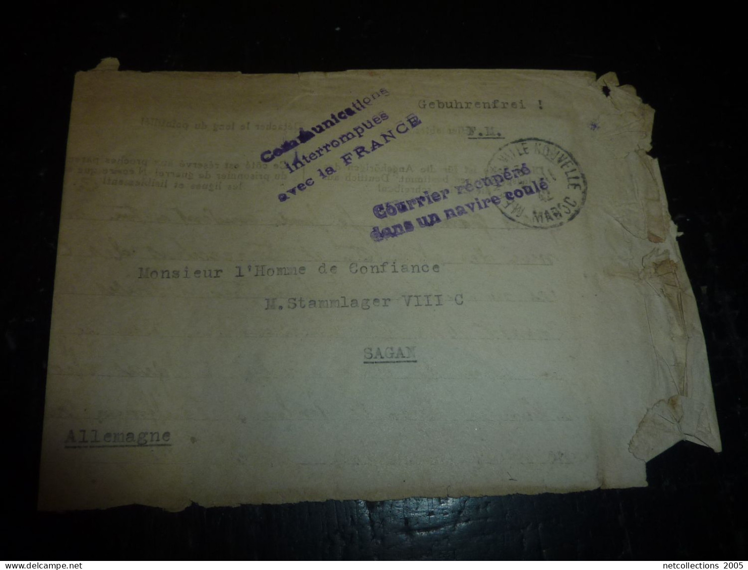 ENVELOPPE AU DEPART DE MEKNES 2-11-1942 - CACHET COURRIER RECUPERE DANS UN NAVIRE COULE -COURRIER EN FRANCHISE...(20/09) - Ramppost