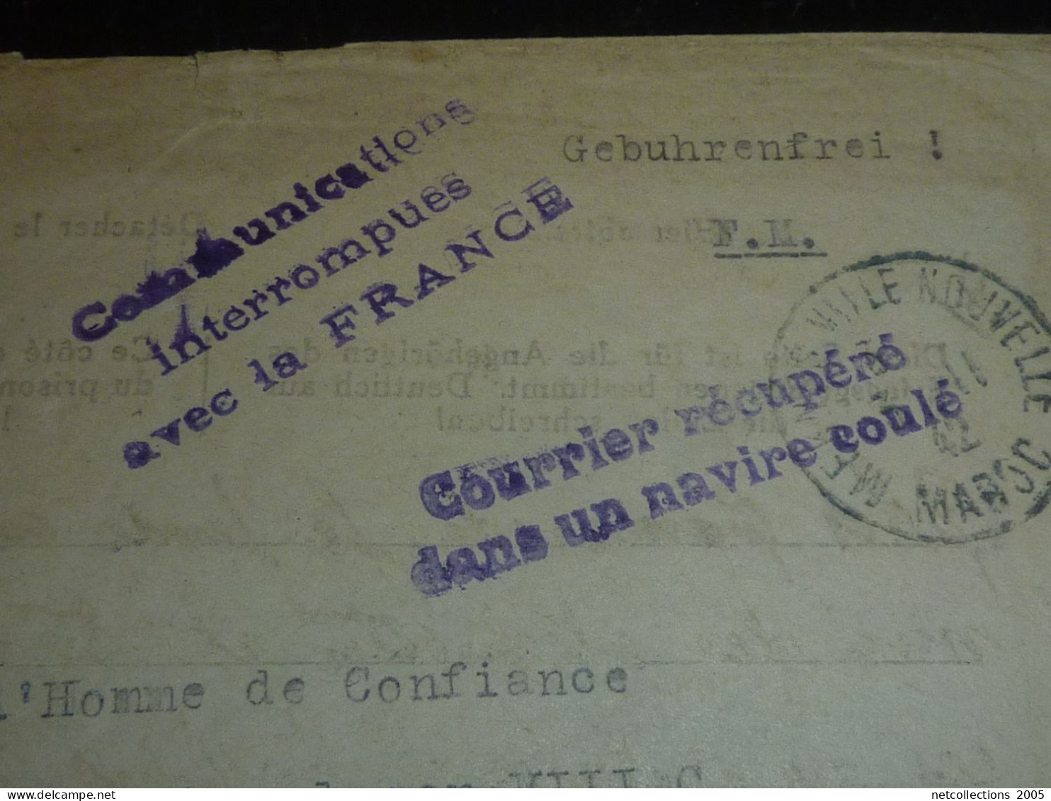 ENVELOPPE AU DEPART DE MEKNES 2-11-1942 - CACHET COURRIER RECUPERE DANS UN NAVIRE COULE -COURRIER EN FRANCHISE...(20/09) - Lettres Accidentées