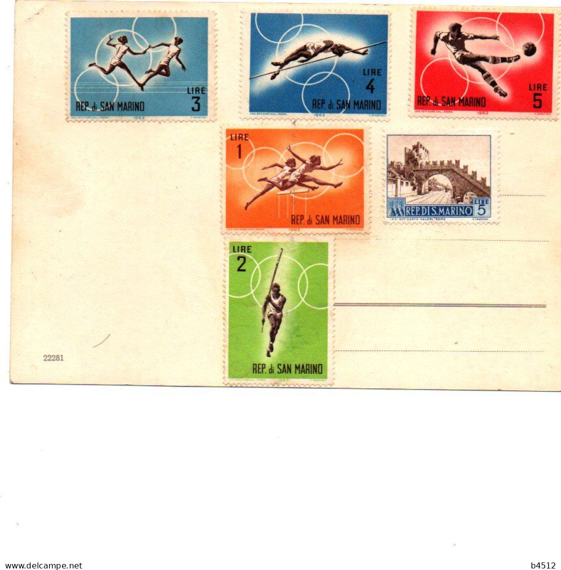 SAINT MARIN Timbre 1 2 3 4 5 Lire Thème Sport Sur Carte Postale - Unused Stamps