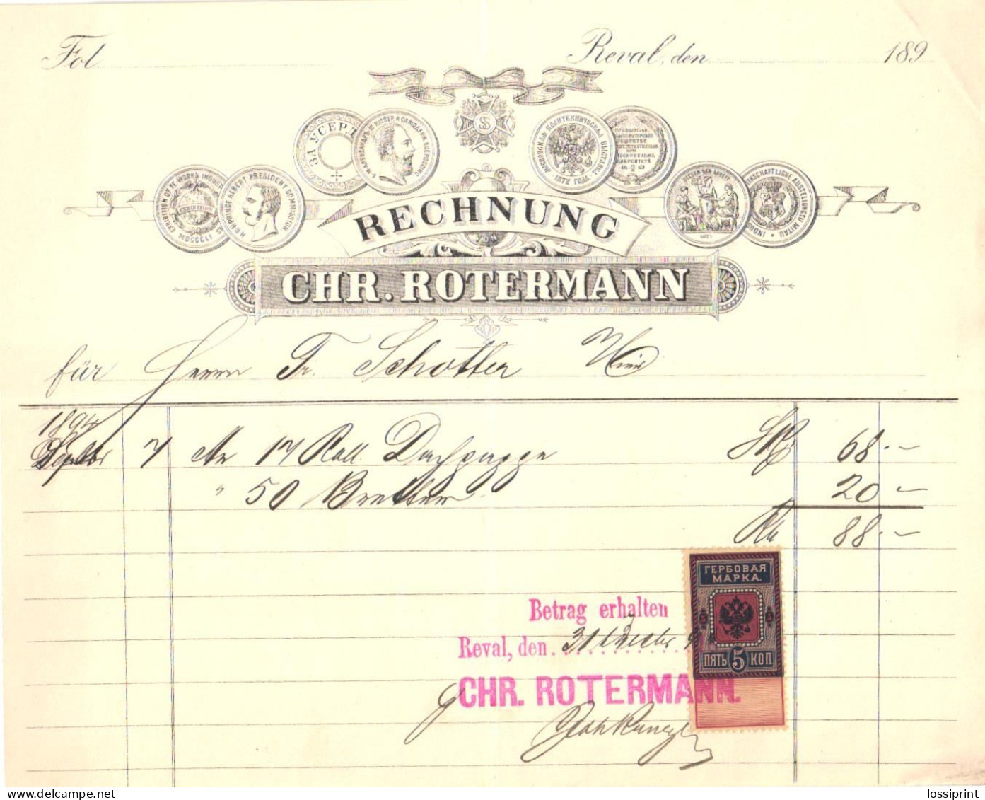 Russia:Document With 5 Kopeiks Revenue Stamp, Bill, Invoice, Pre 1900 - Fiscaux