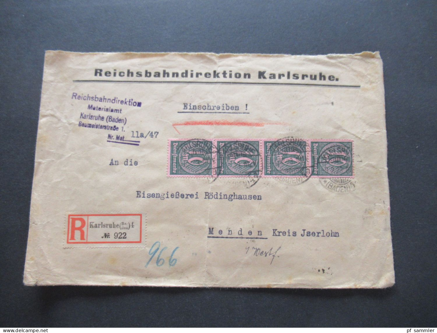 DR Dienst 1923 MiF / Massenfrankatur Mit 29 Marken Einschreiben Karlsruhe / Reichsbahndirektion Materialamt Karlsruhe - Dienstzegels