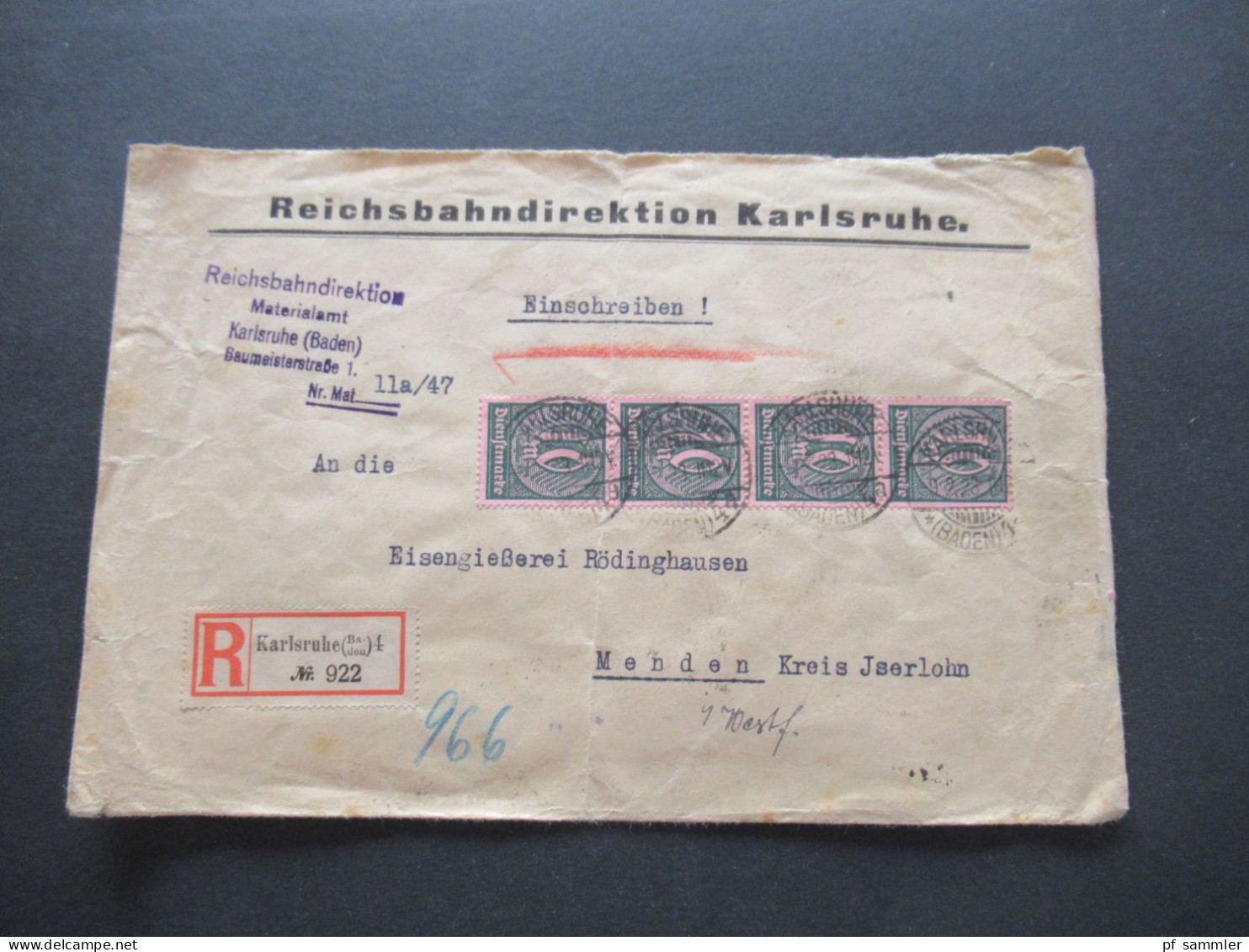 DR Dienst 1923 MiF / Massenfrankatur Mit 29 Marken Einschreiben Karlsruhe / Reichsbahndirektion Materialamt Karlsruhe - Service