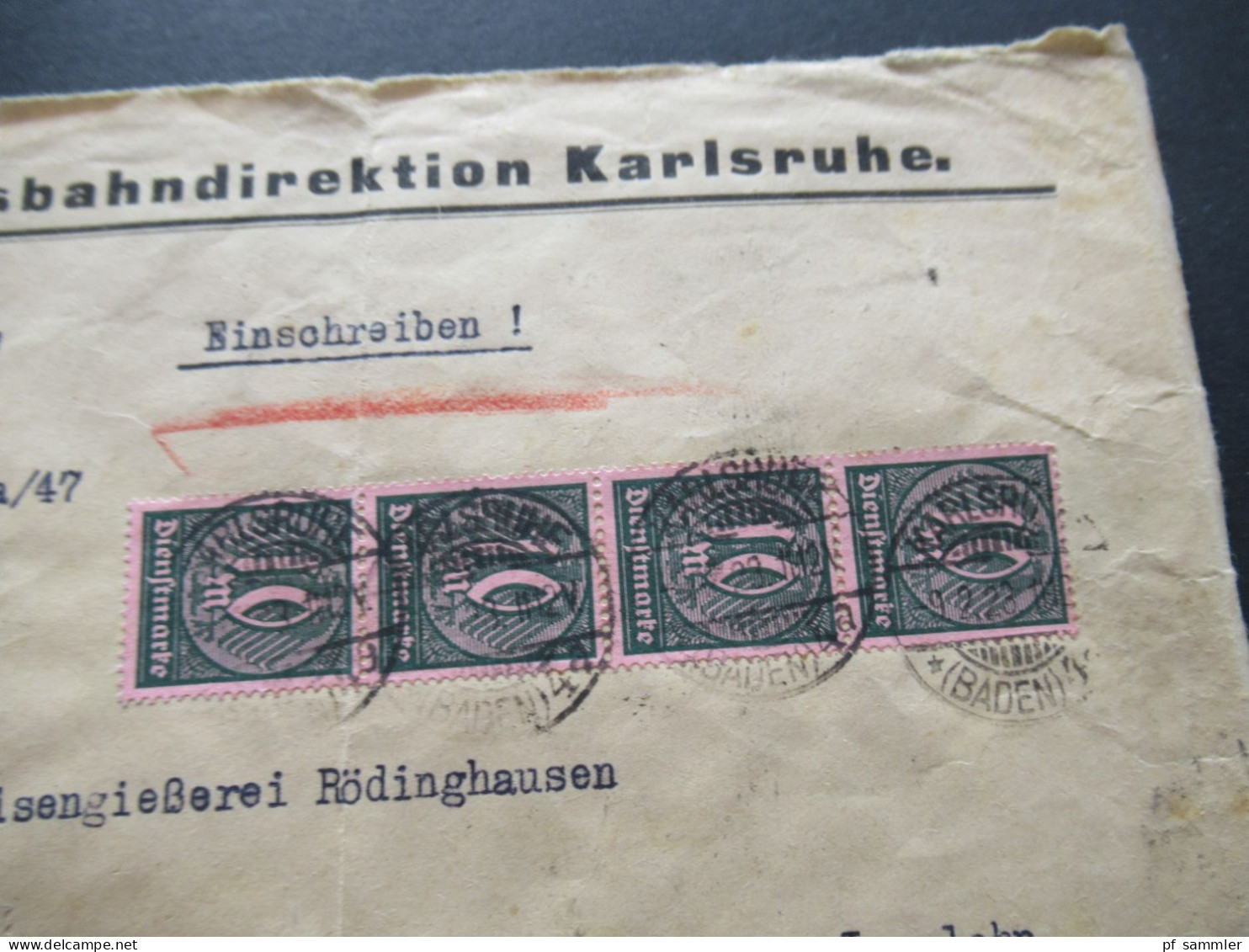 DR Dienst 1923 MiF / Massenfrankatur Mit 29 Marken Einschreiben Karlsruhe / Reichsbahndirektion Materialamt Karlsruhe - Servizio