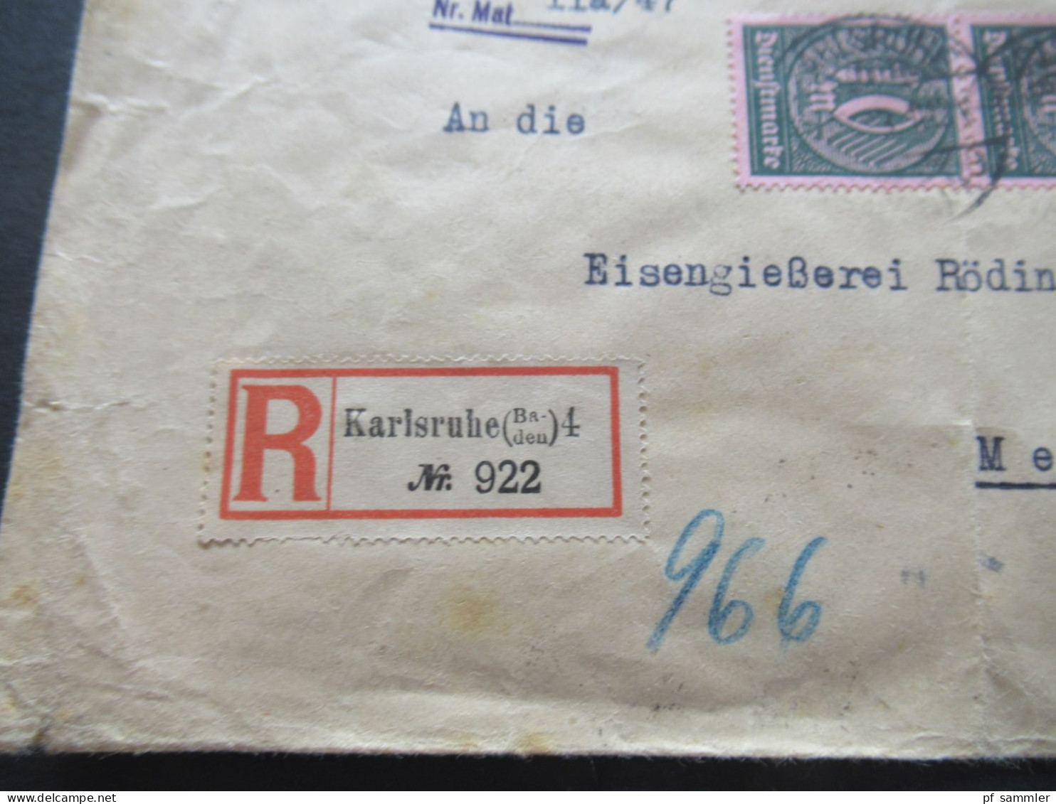 DR Dienst 1923 MiF / Massenfrankatur Mit 29 Marken Einschreiben Karlsruhe / Reichsbahndirektion Materialamt Karlsruhe - Service